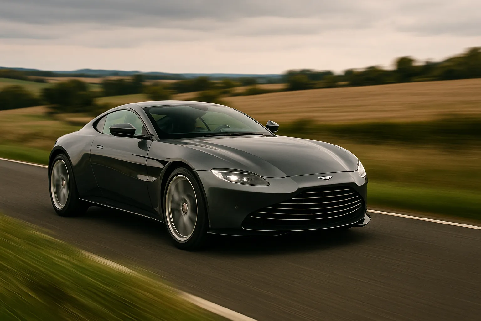 Aston Martin sports car with a long hood on a winding road in evening light supporting image 2