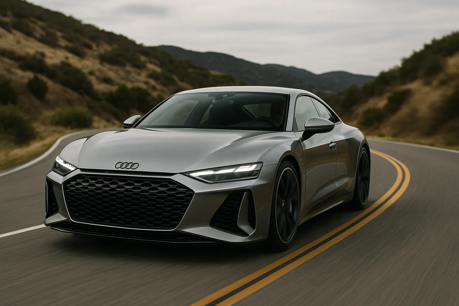 Audi Nuvolari as a low high-performance sports car on a winding country road during dynamic driving