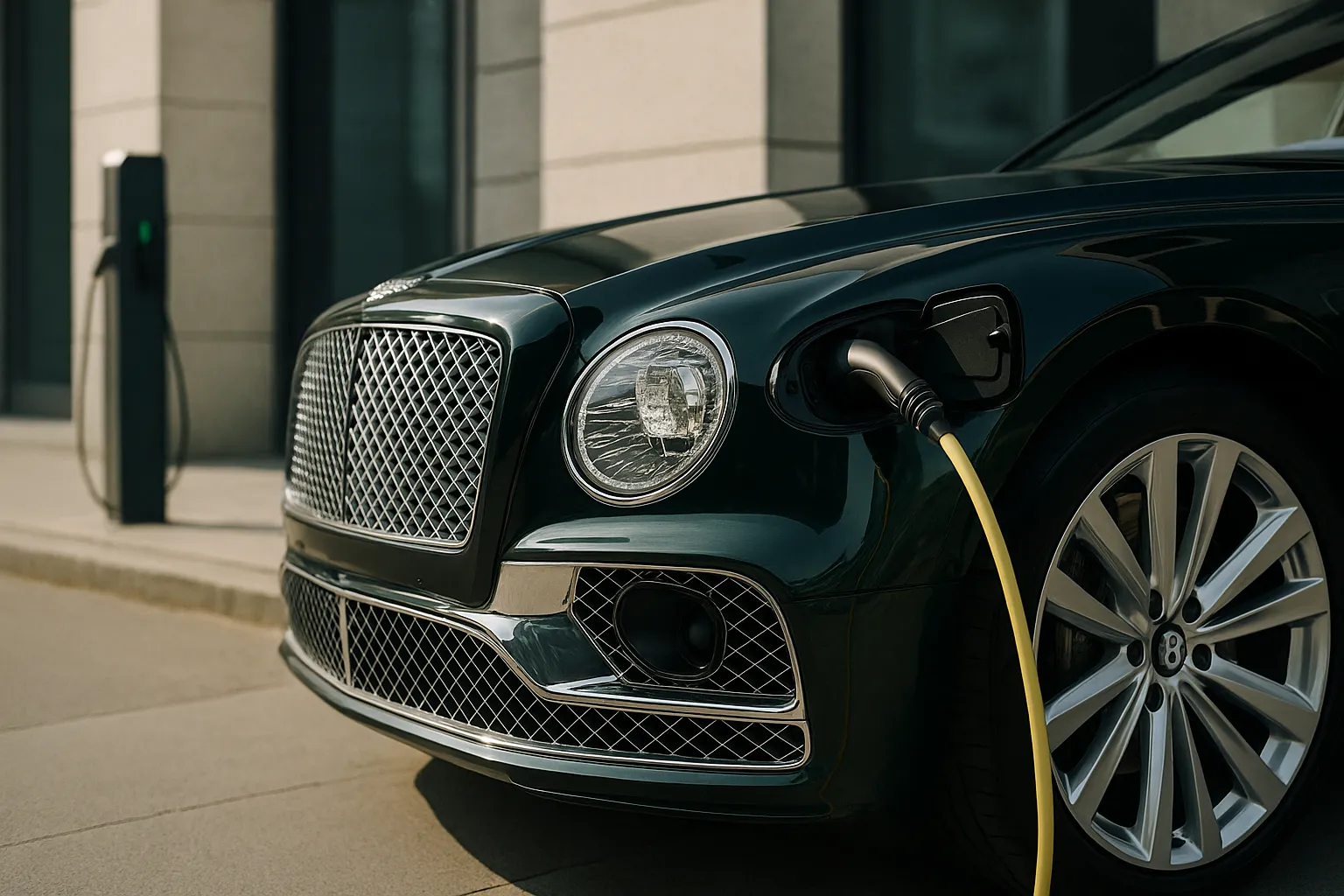 Bentley luxury sedan and SUV in front of modern architecture with a charging station in the background supporting image 1