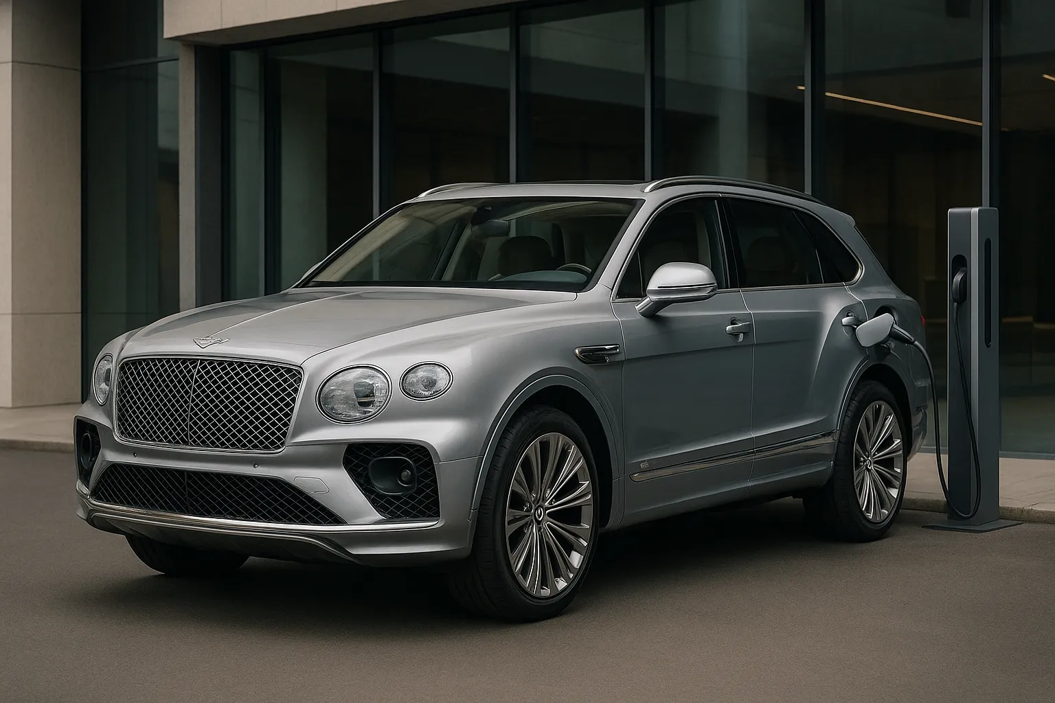 Bentley luxury sedan and SUV in front of modern architecture with a charging station in the background