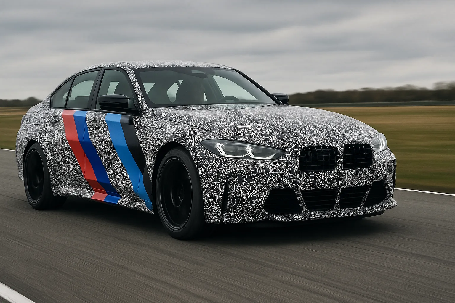 Camouflaged BMW M3 Electric prototype with M-colored stripes on a test track