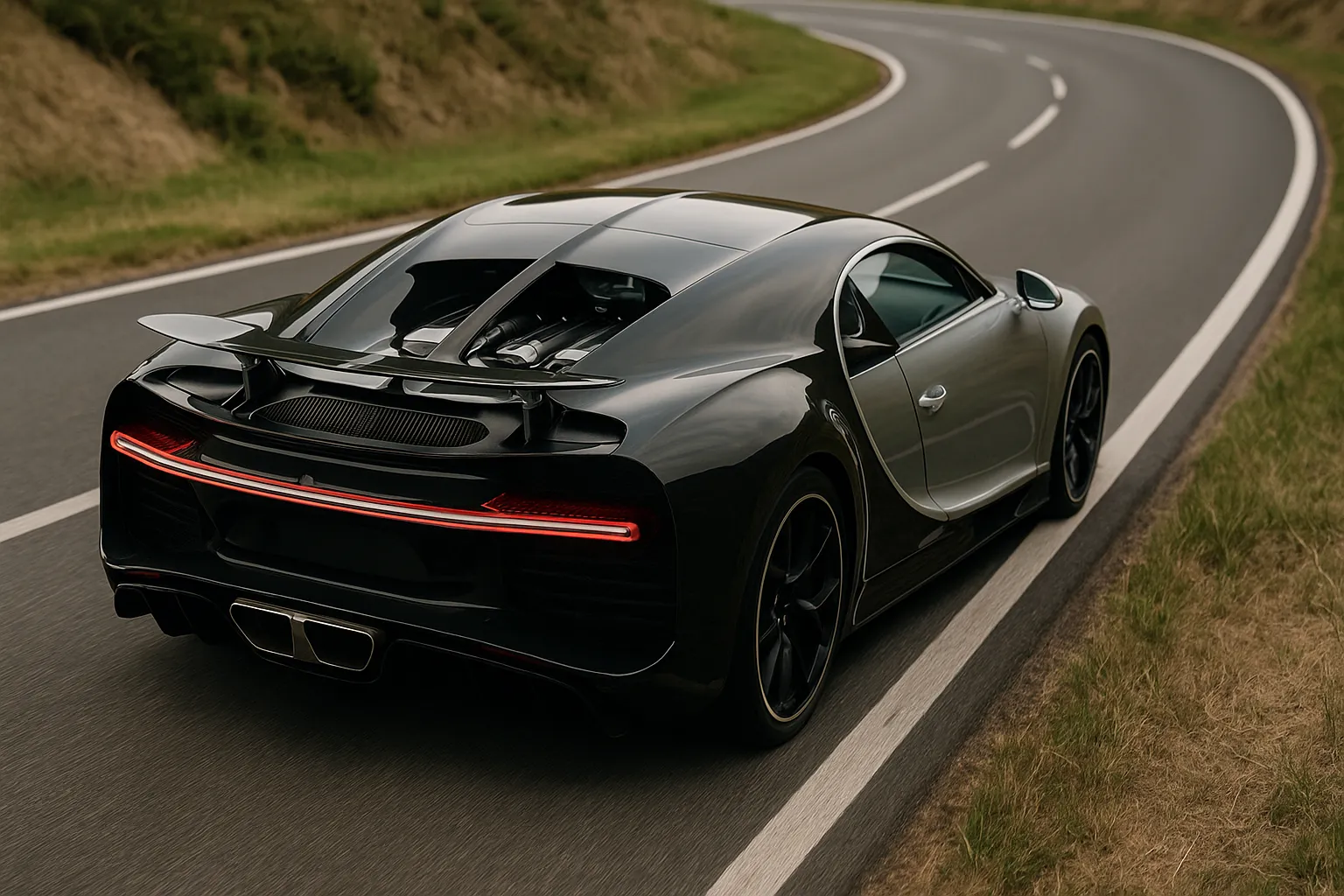 Bugatti Chiron auf einer Straße bei hohem Tempo, als Symbol der W16-Motorenära