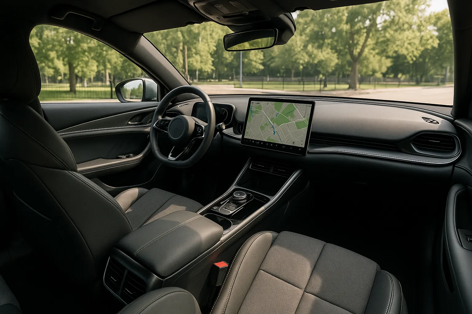 Eine elektrische Limousine BYD Seal fährt auf einer Stadtstraße mit modernen Gebäuden im Hintergrund, Begleitbild 1