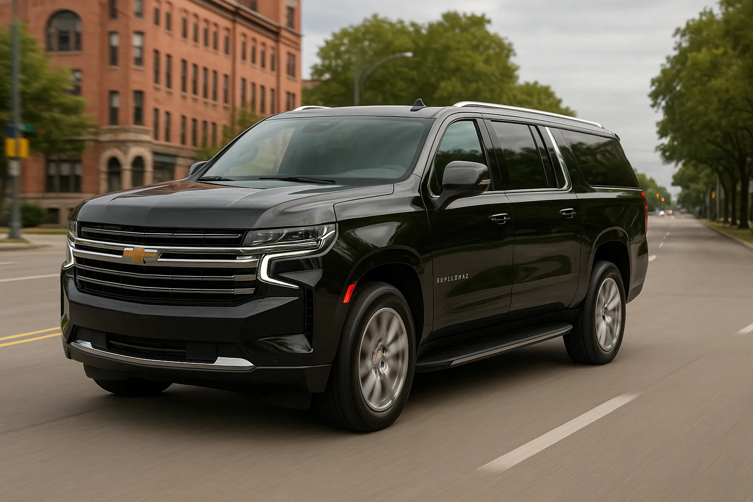 Chevrolet Suburban als großer schwarzer SUV auf einer breiten Straße vor urbaner Kulisse supporting image 2