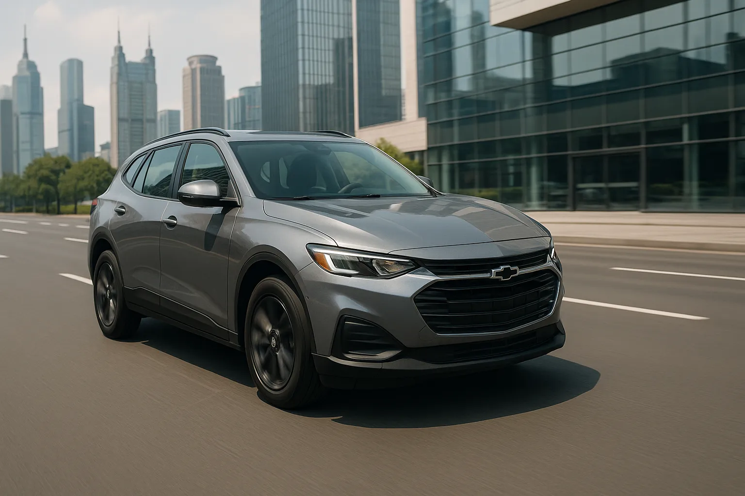 Chevrolet SUV in front of a modern skyline in China at evening light