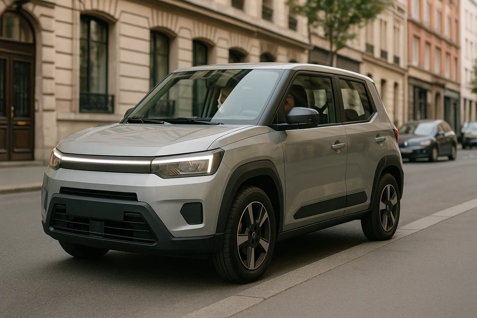 Compact electric city car from Dacia as an angular small car in an urban environment