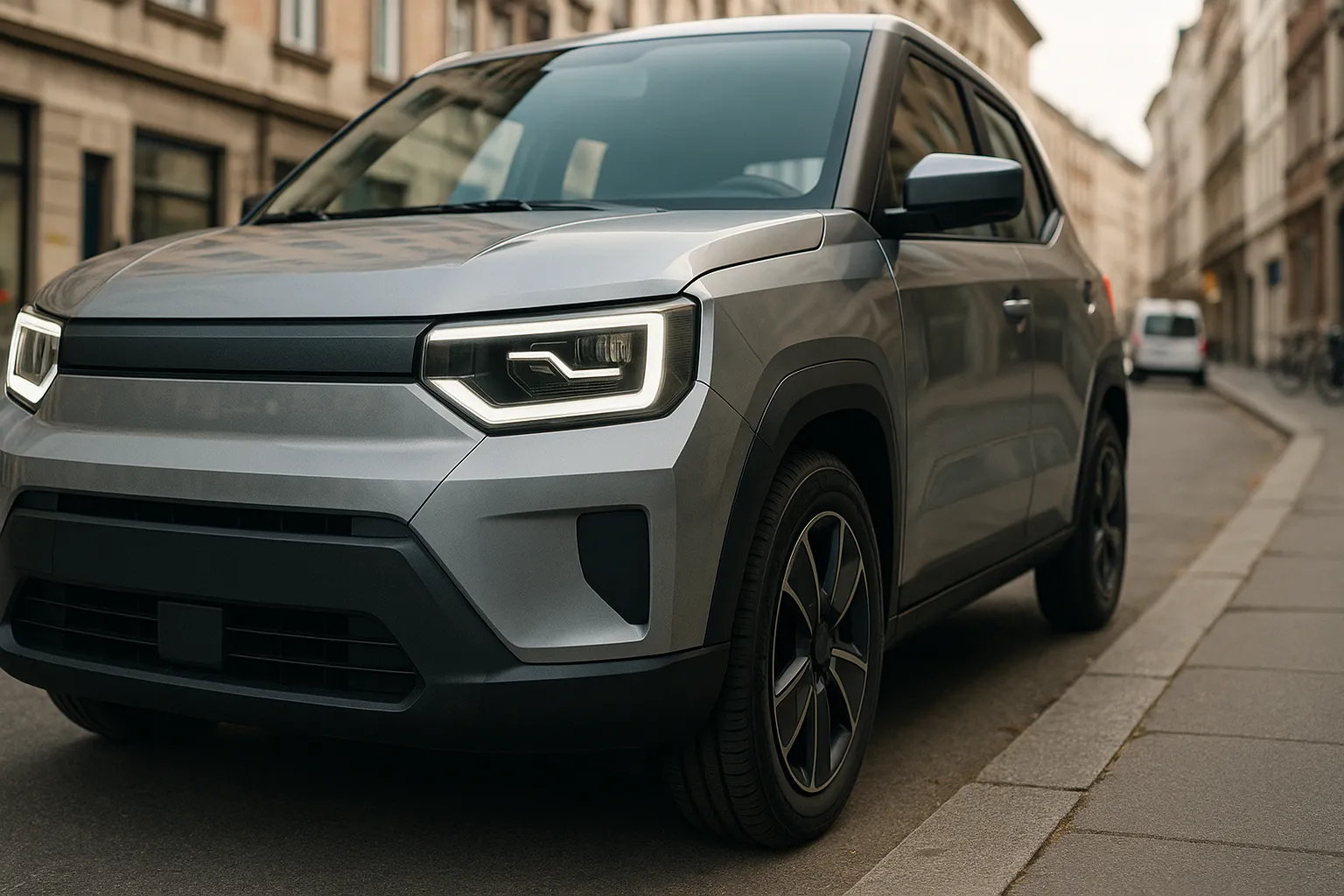 Compact electric city car from Dacia as an angular small car in an urban environment supporting image 1