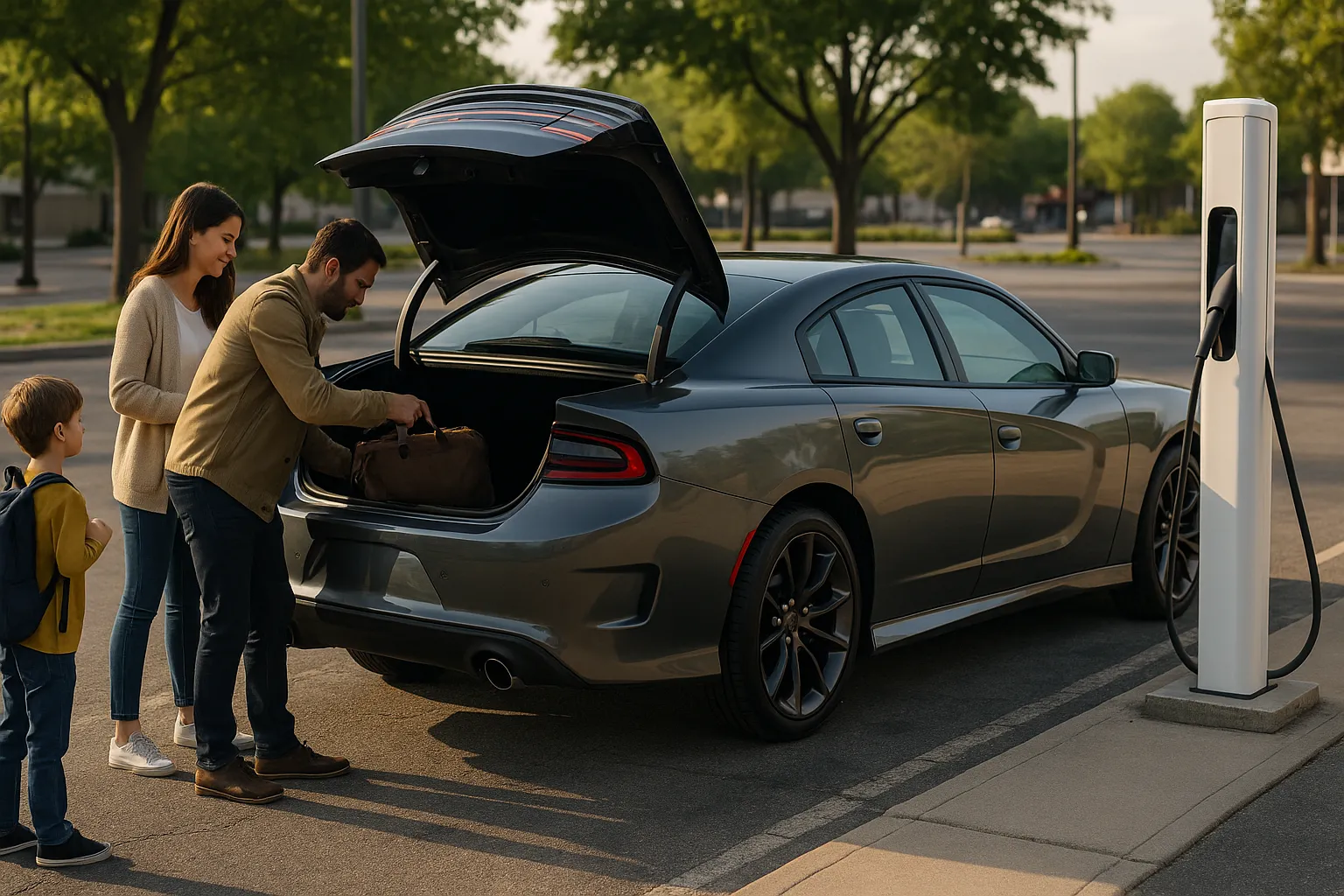 Dodge Charger bei Dämmerung auf einer Straße geparkt, mit sichtbarem Performance-Styling aus der vorderen Dreiviertelansicht, unterstützendes Bild 2