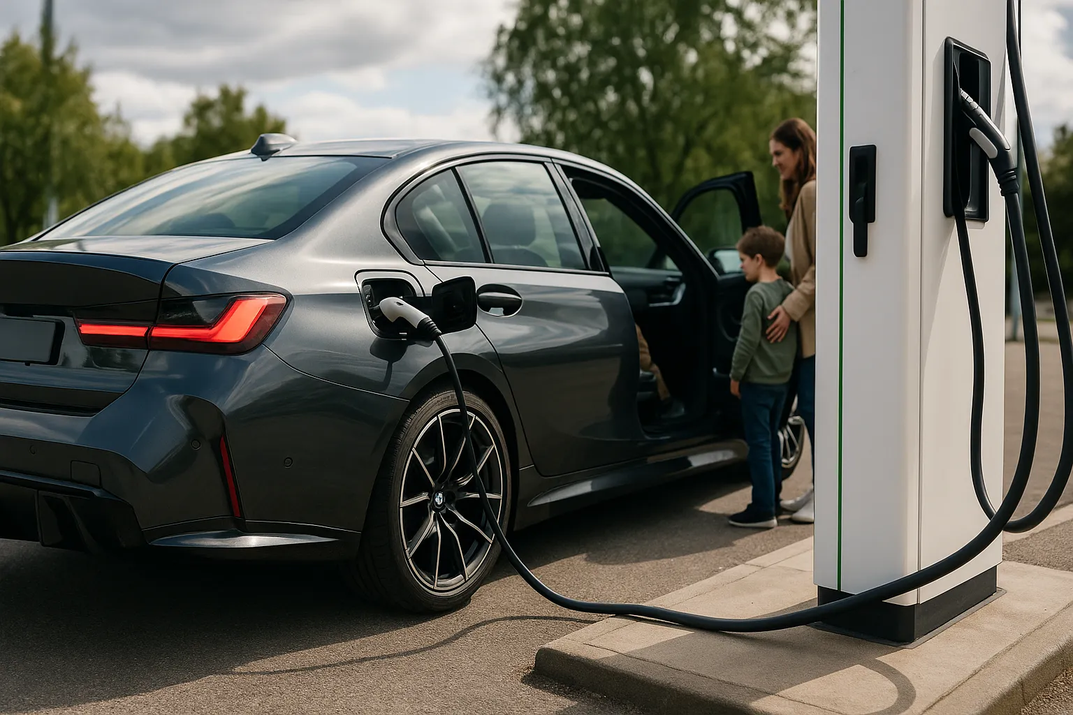 Getarnter elektrischer BMW M3-Prototyp bei Tests auf einer Rennstrecke mit breiter Haltung und Limousinenproportionen, unterstützendes Bild 2