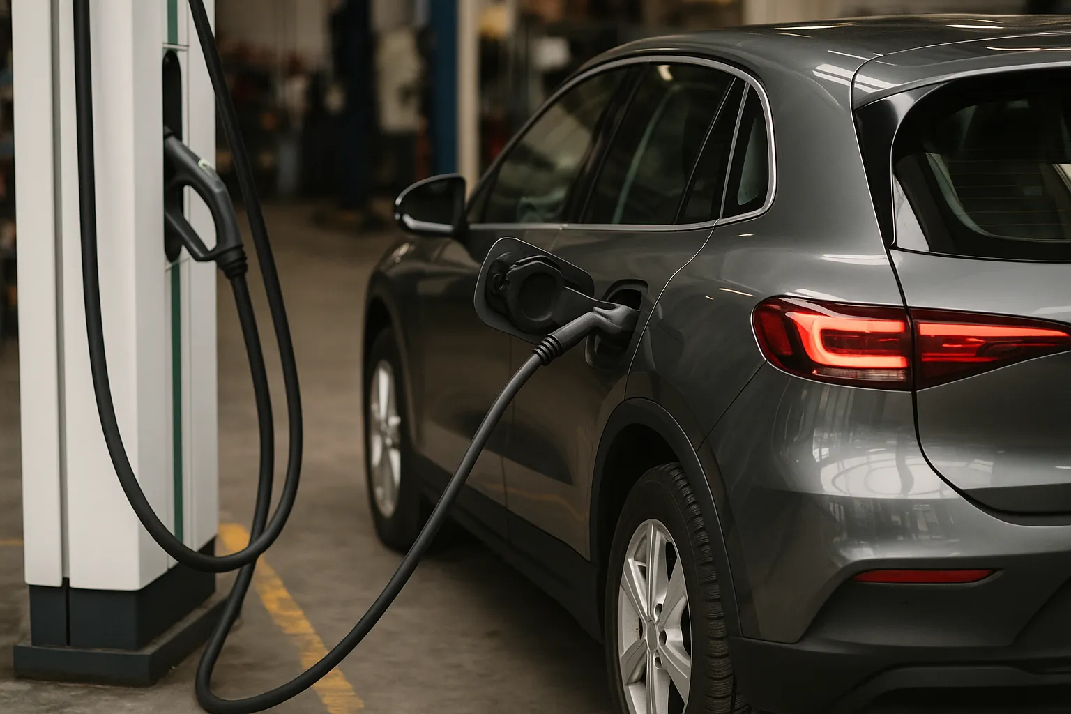 Gebrauchtes Elektroauto beim Laden an einer Schnellladesäule, mit sichtbarem Ladeanschluss und modernem Cockpit im Hintergrund