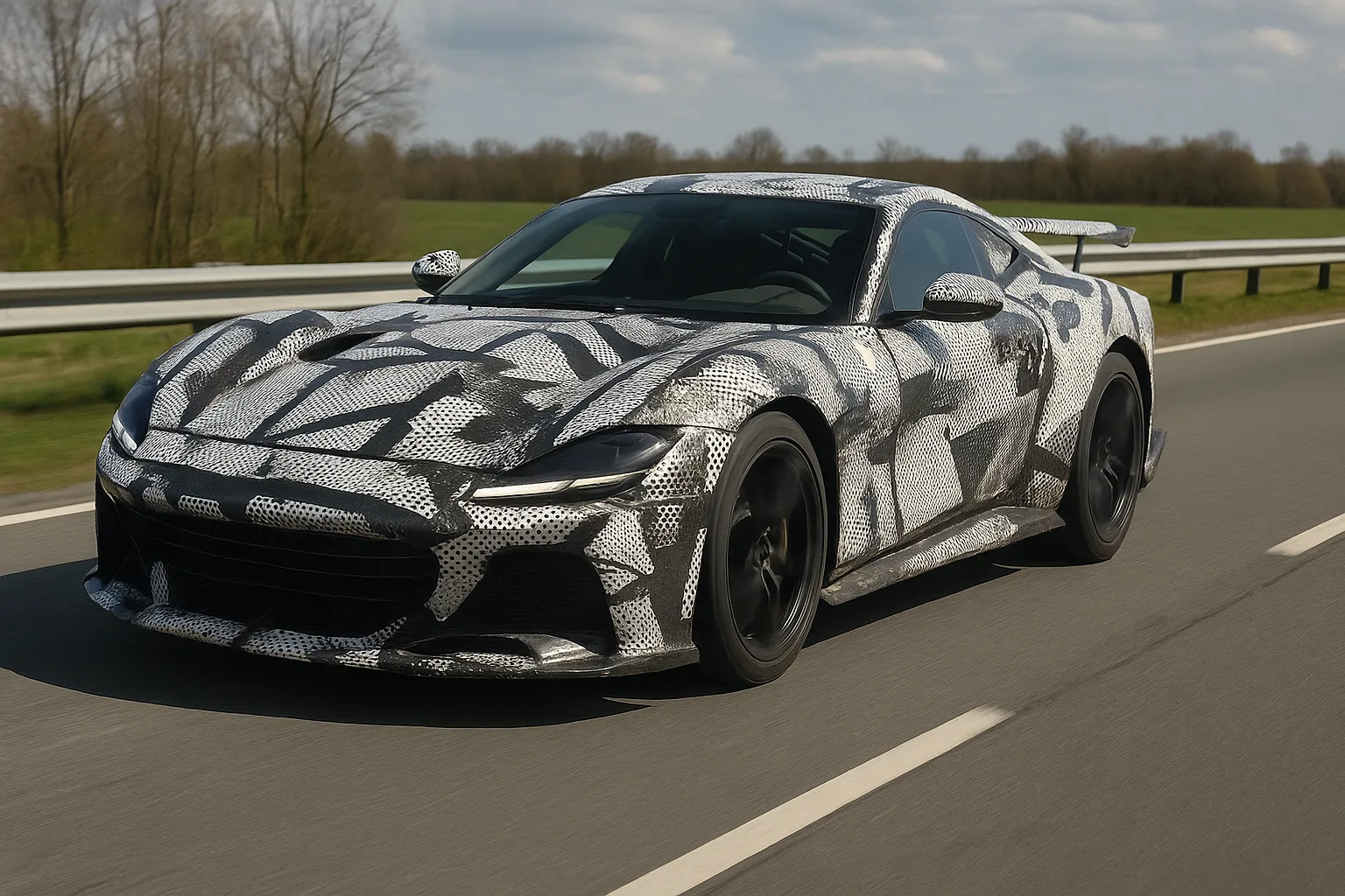 Getarnter Ferrari-12Cilindri-Prototyp bei Straßentests mit sichtbaren vorderen Aero-Canards und angehobenem Ducktail-Heckspoiler