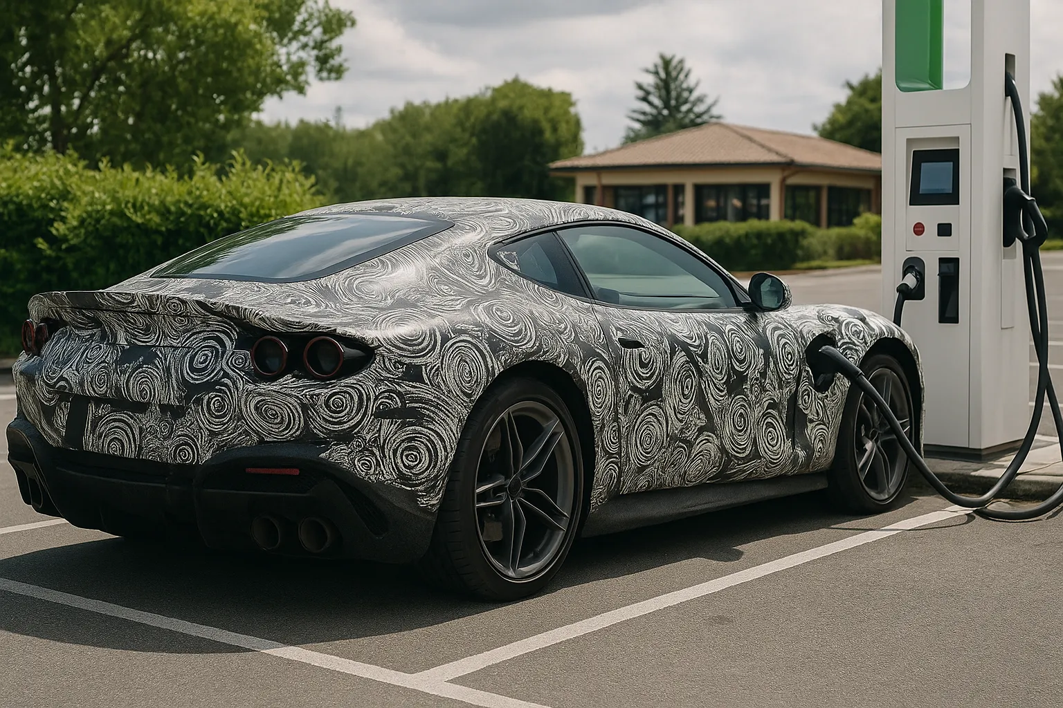 Camouflaged Ferrari 12Cilindri prototype testing on road with visible front aero canards and a raised ducktail rear spoiler supporting image 2