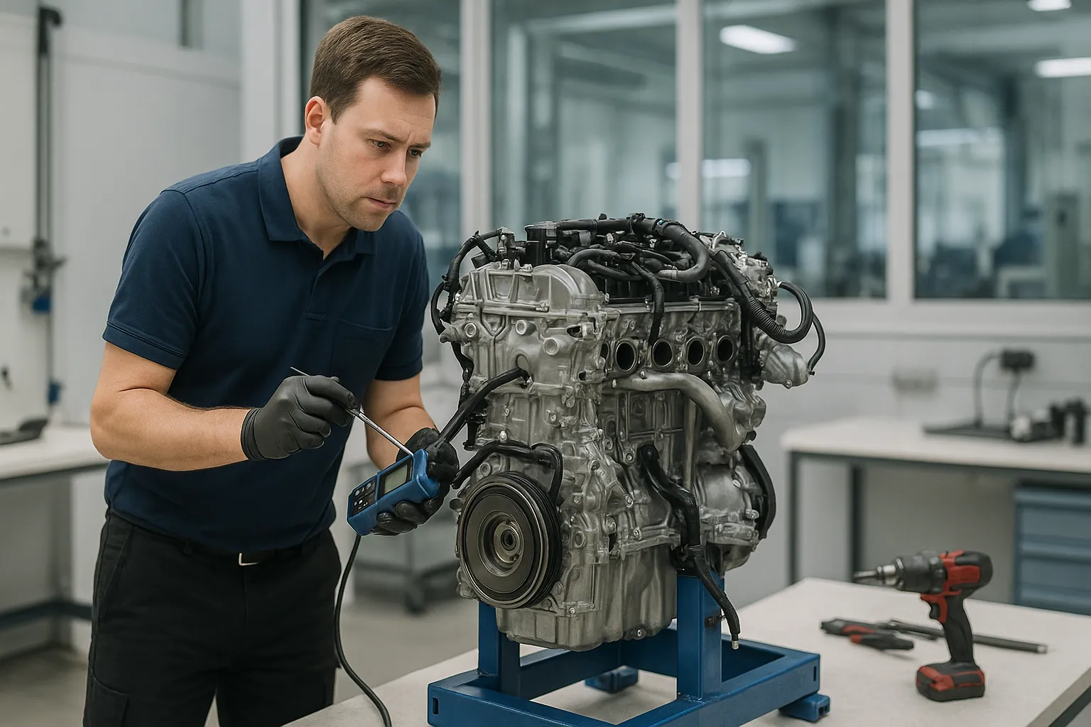 Technicians inspect a removed Ford engine on an engine stand in a bright workshop