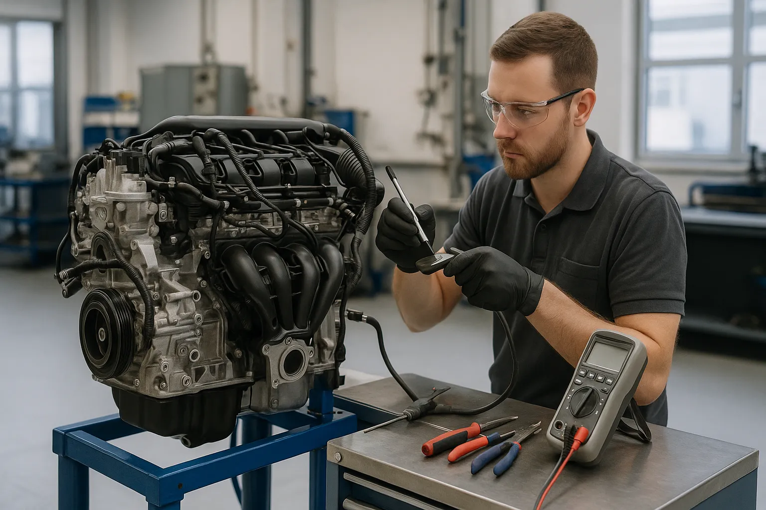 Technicians inspect a removed Ford engine on an engine stand in a bright workshop supporting image 1
