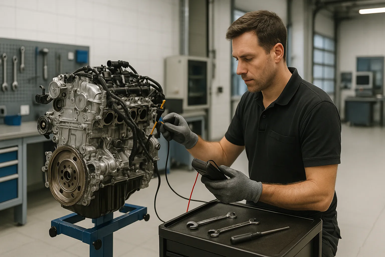 Technicians inspect a removed Ford engine on an engine stand in a bright workshop supporting image 2