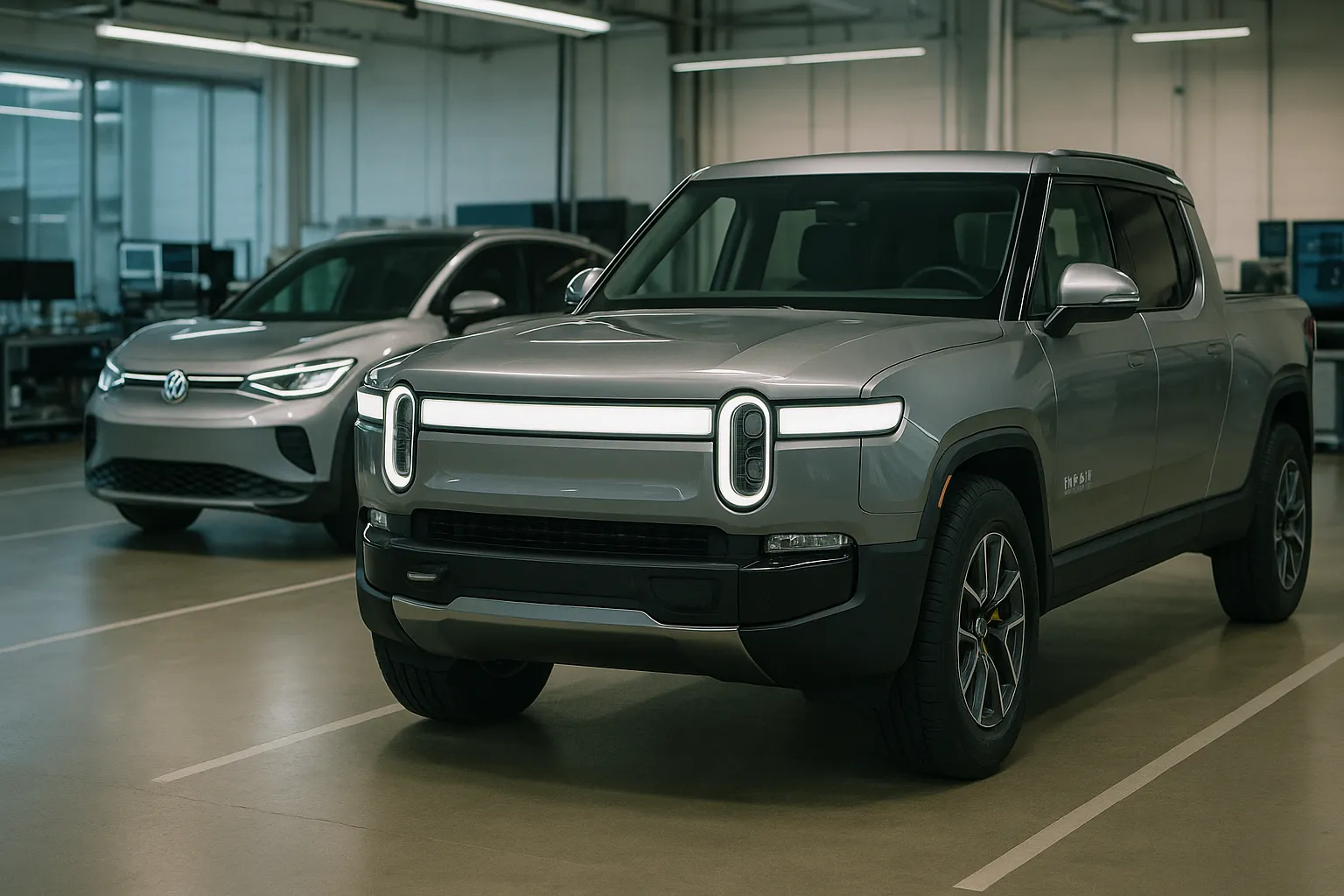 A Rivian R1T electric pickup parked near Volkswagen electric vehicles at a technology-focused automotive facility