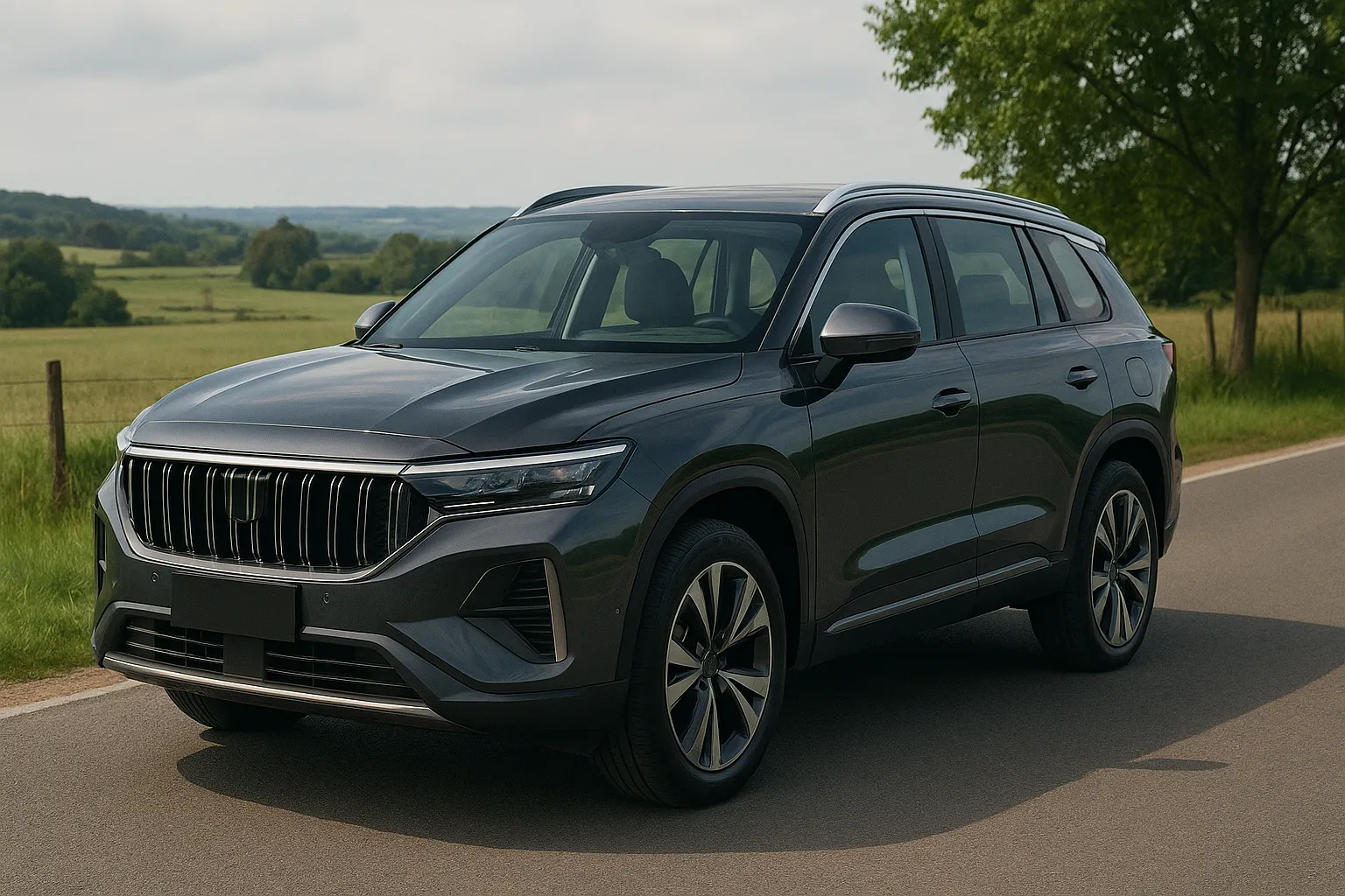 Geely Monjaro as a large family SUV in front three-quarter view on a road supporting image 2