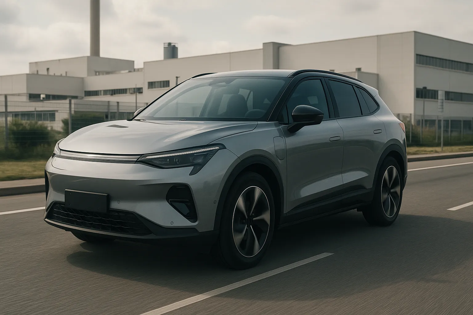 Geely electric SUV driving on a European road near a modern vehicle factory