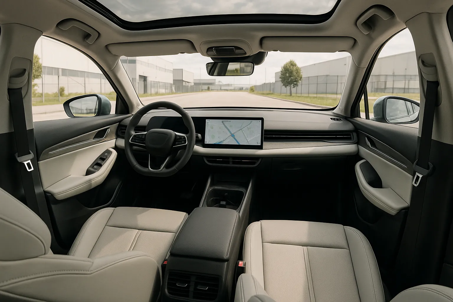 Geely Elektro-SUV auf einer europäischen Straße nahe einer modernen Fahrzeugfabrik, unterstützendes Bild 1