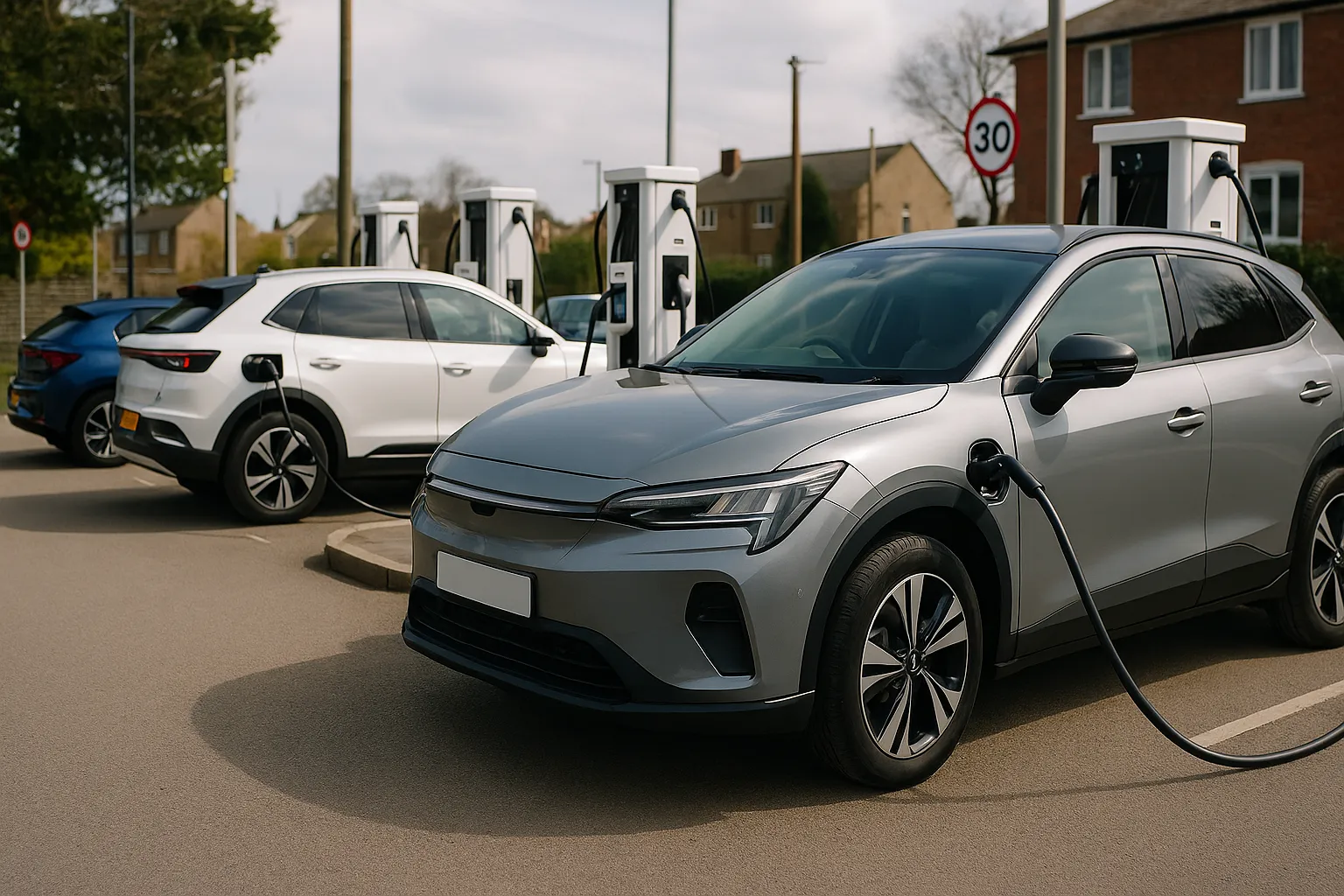 Electric cars at fast-charging stations in front of a British city street with left-hand traffic