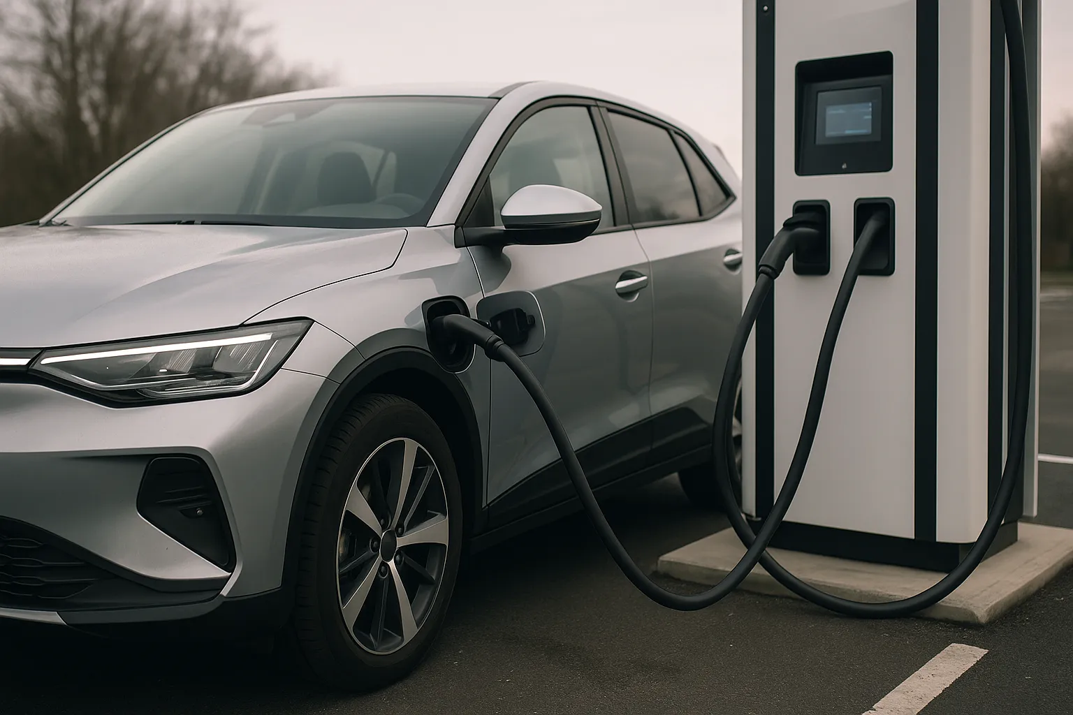 Elektroauto an einer Ladesäule, während der Batteriezustand digital überwacht wird