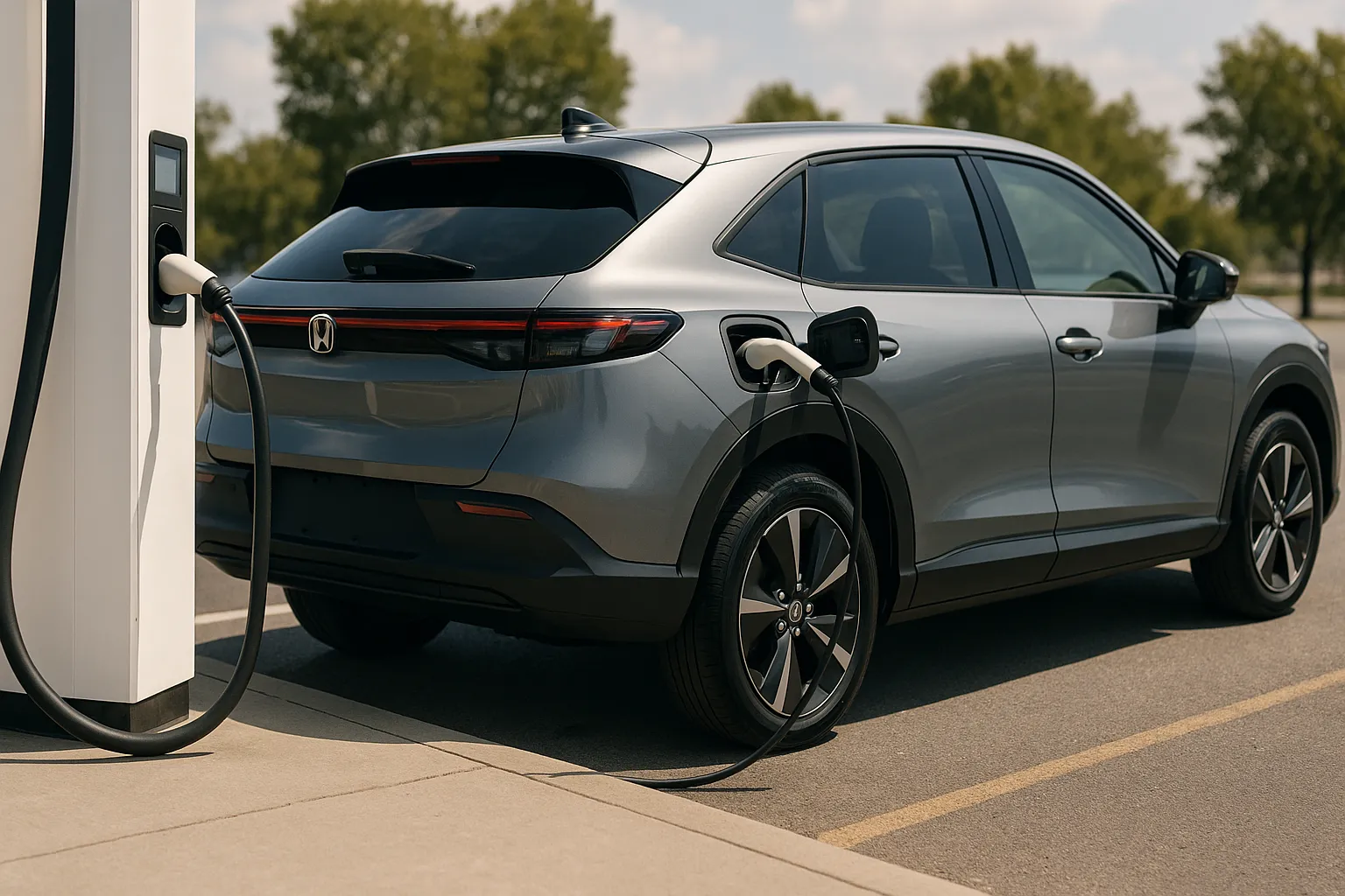 Honda-Elektrokonzeptfahrzeug auf einem modernen Automesse-Stand mit Führungskräften und Besuchern im Hintergrund, unterstützendes Bild 2