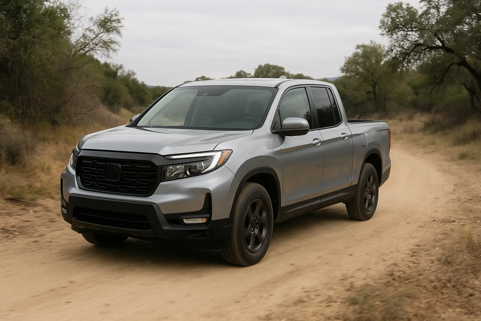 Honda Ridgeline midsize pickup driving on a dirt road with trees in the background