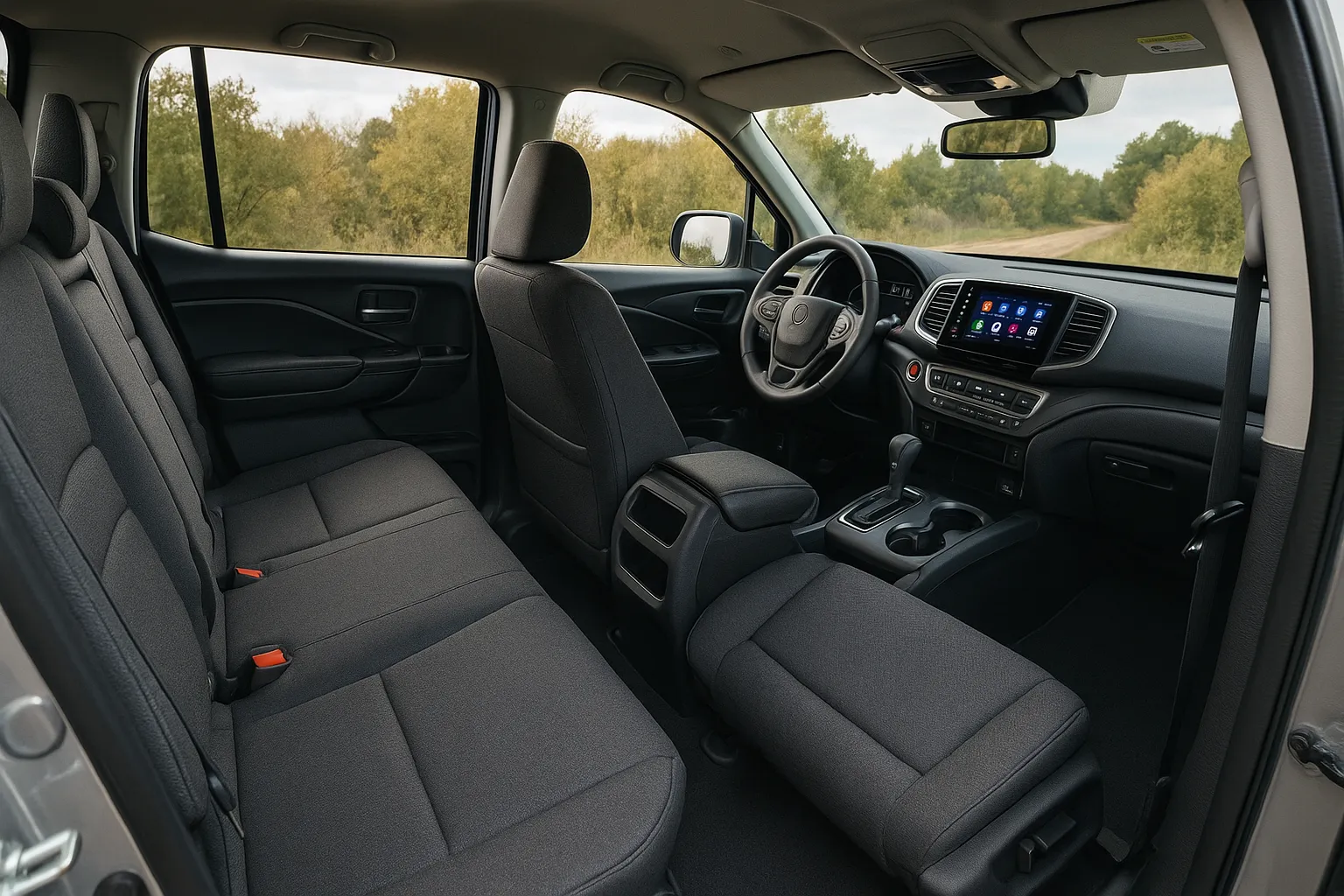 Honda Ridgeline Mittelklasse-Pickup fährt auf einer Schotterstraße mit Bäumen im Hintergrund, unterstützendes Bild 1