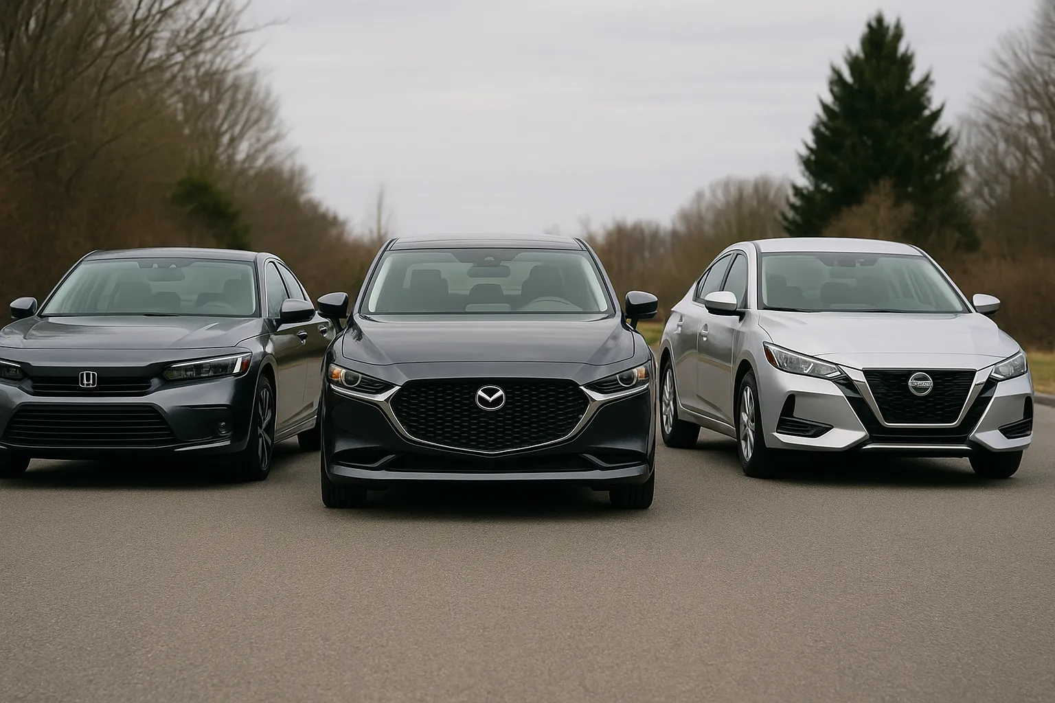 Honda Accord, Mazda6 and Nissan Altima on a wide road as a comparison of Japanese midsize models