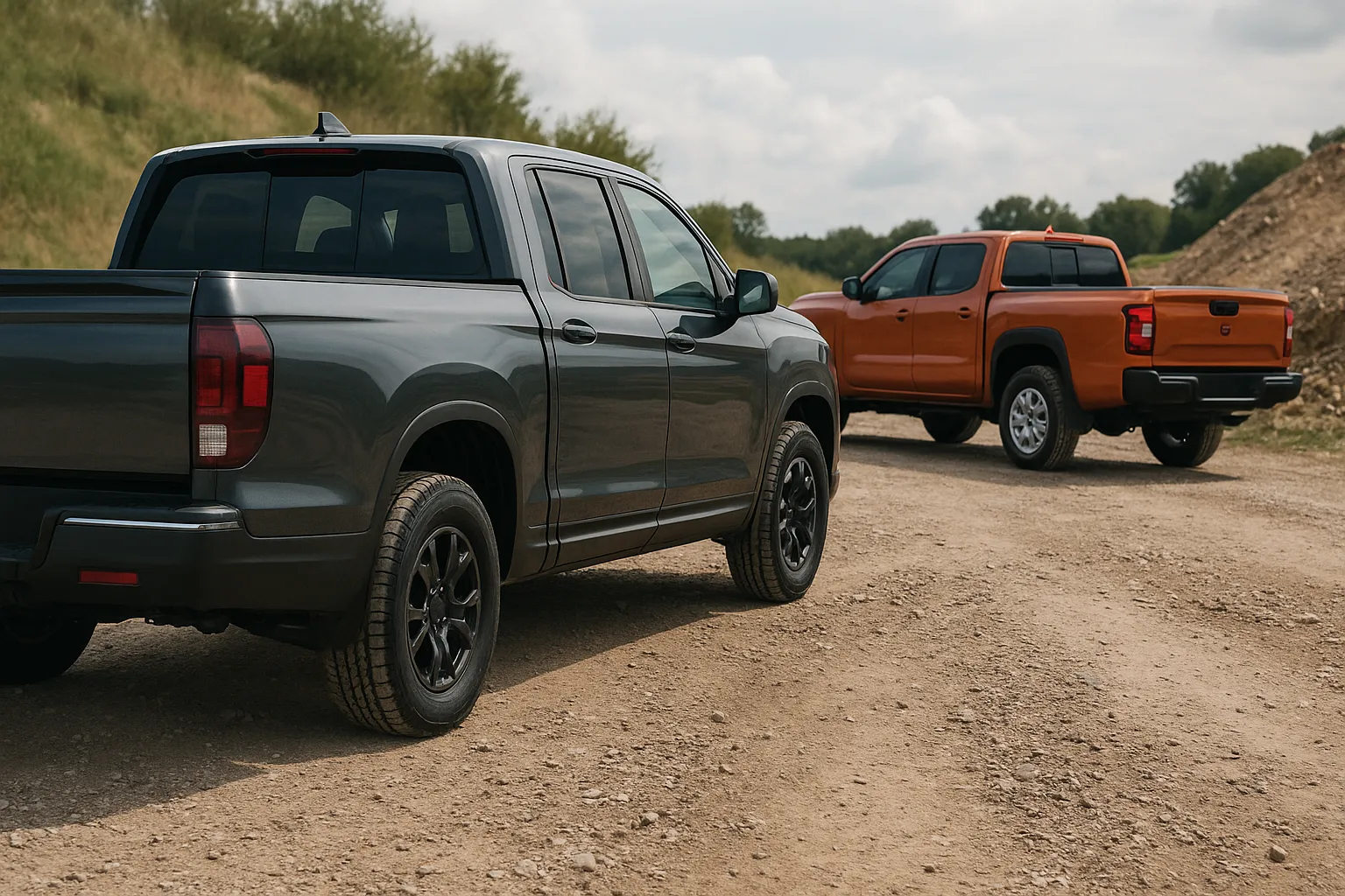 Honda Ridgeline and Nissan Frontier as robust pickups on a gravel road supporting image 2