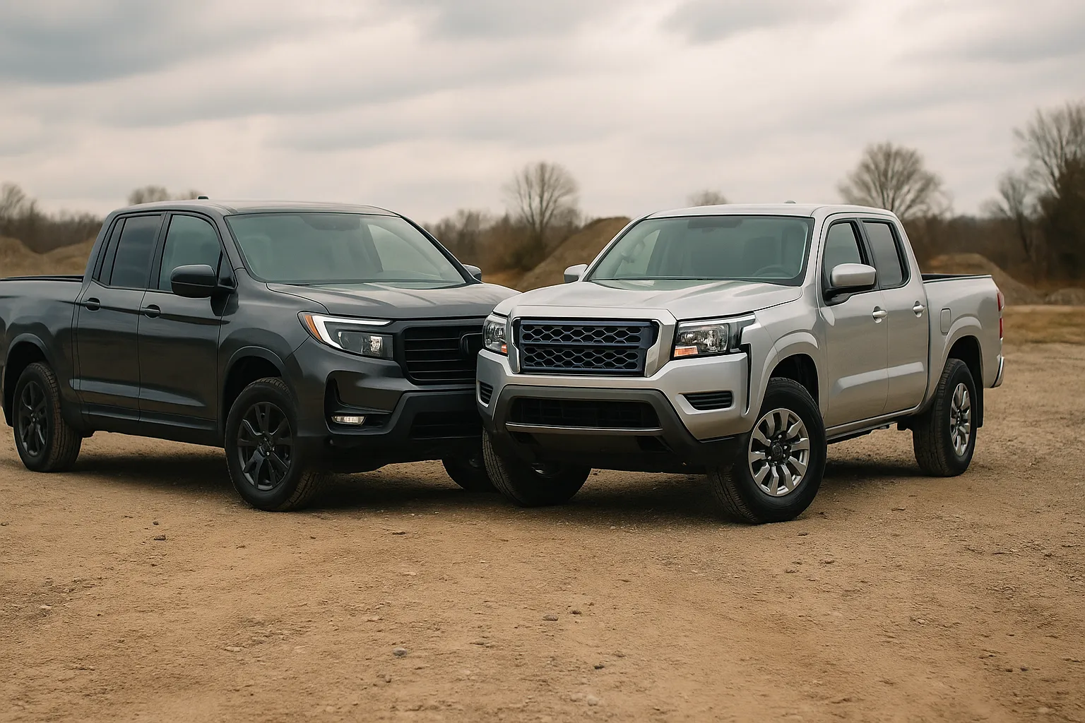 Honda Ridgeline and Nissan Frontier as robust pickups on a gravel road