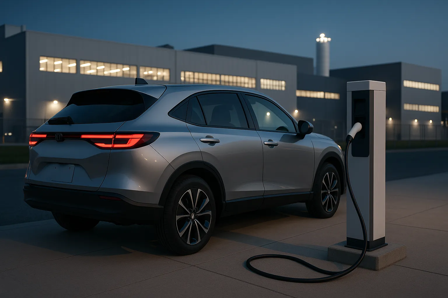 Honda electric vehicle parked near a modern battery manufacturing facility at dusk supporting image 2