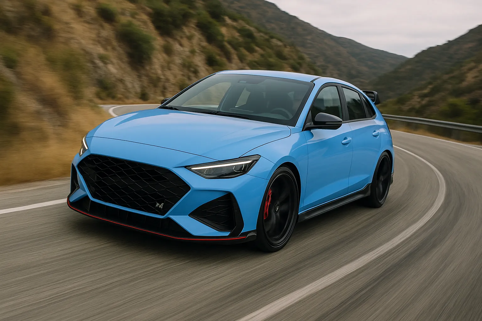 Dynamic Hyundai N concept vehicle on a winding road in evening light
