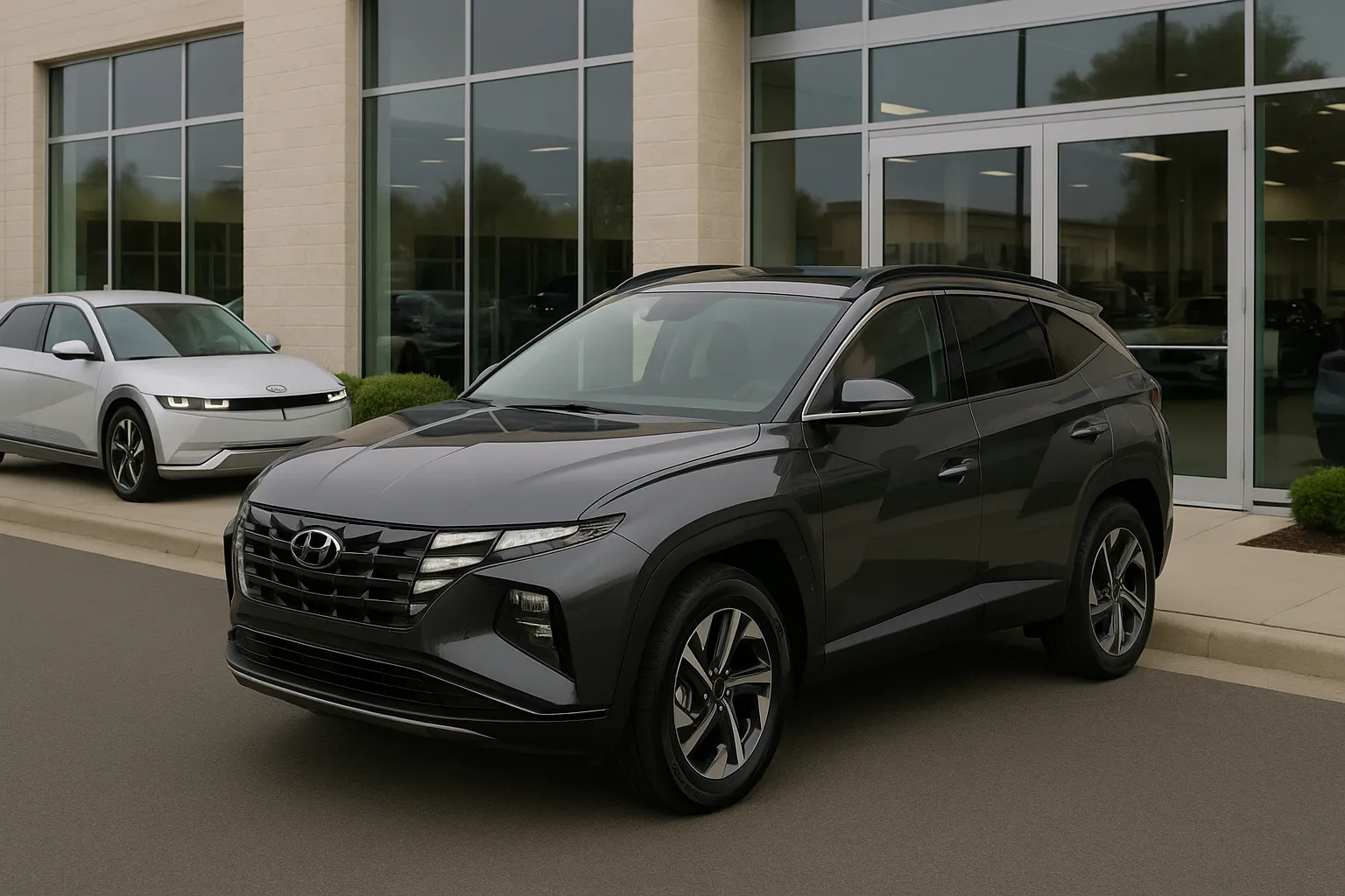 Hyundai Tucson Hybrid und Ioniq 5 parken bei Sonnenuntergang vor einem modernen Autohaus