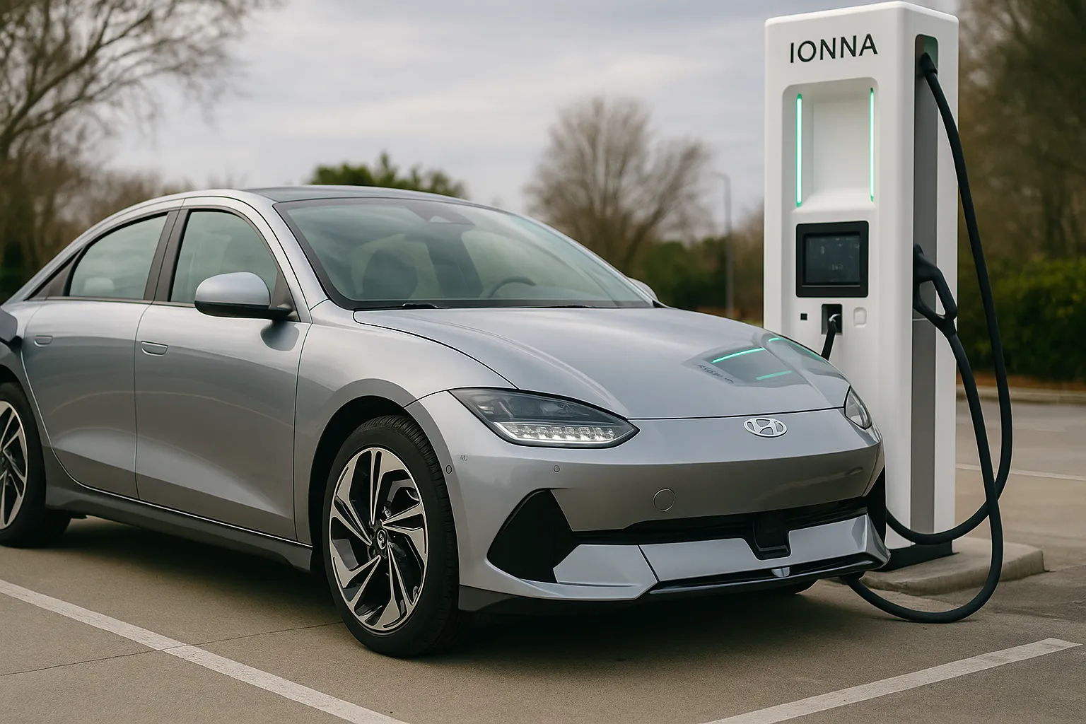 A Hyundai Ioniq 5 charges at a modern fast-charging station next to a Genesis electric car in daylight