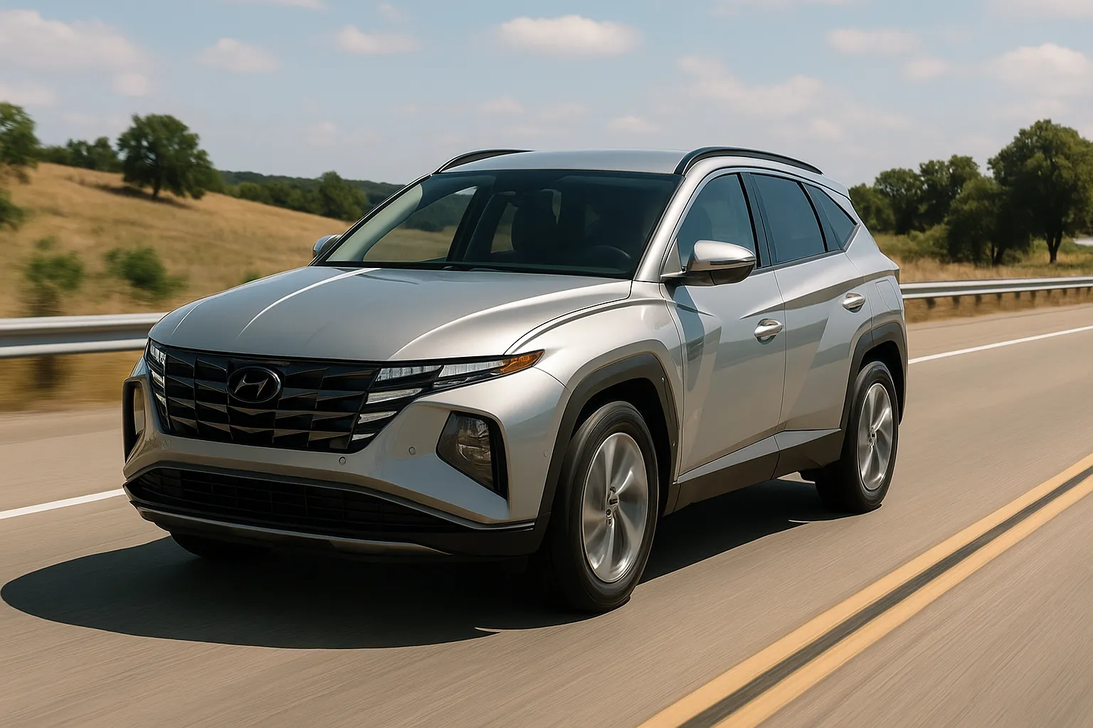 Hyundai Tucson Hybrid fährt auf einer zweispurigen Straße mit Bergen im Hintergrund