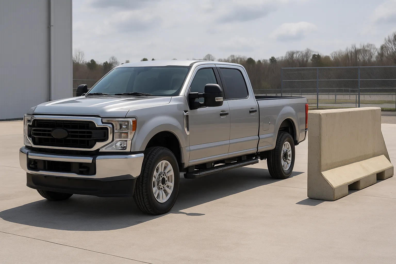 Ein großer Heavy-Duty-Pick-up auf einem IIHS-ähnlichen Crashtestgelände vor einer Barriere supporting image 2