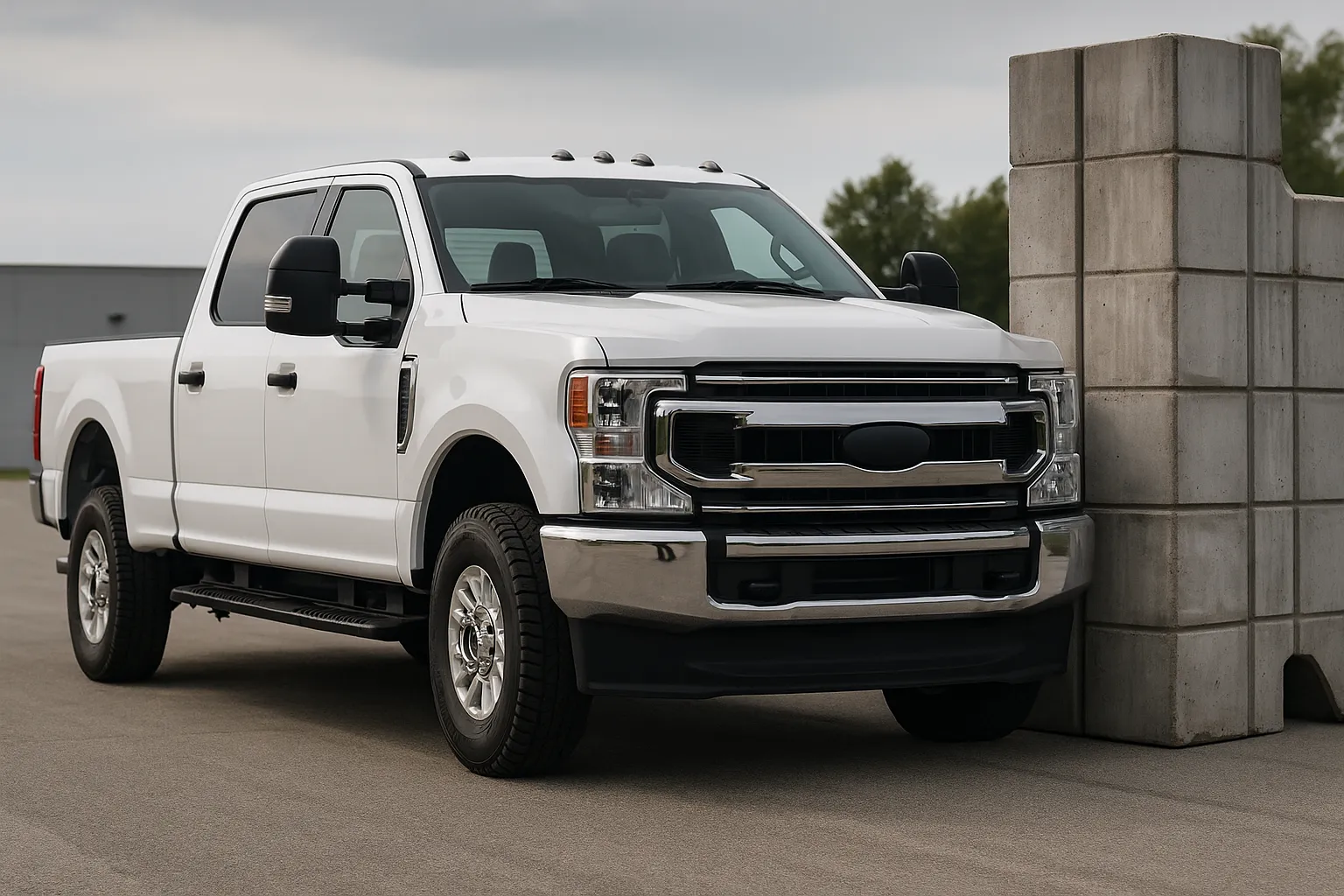 A large heavy-duty pickup on an IIHS-like crash test site in front of a barrier