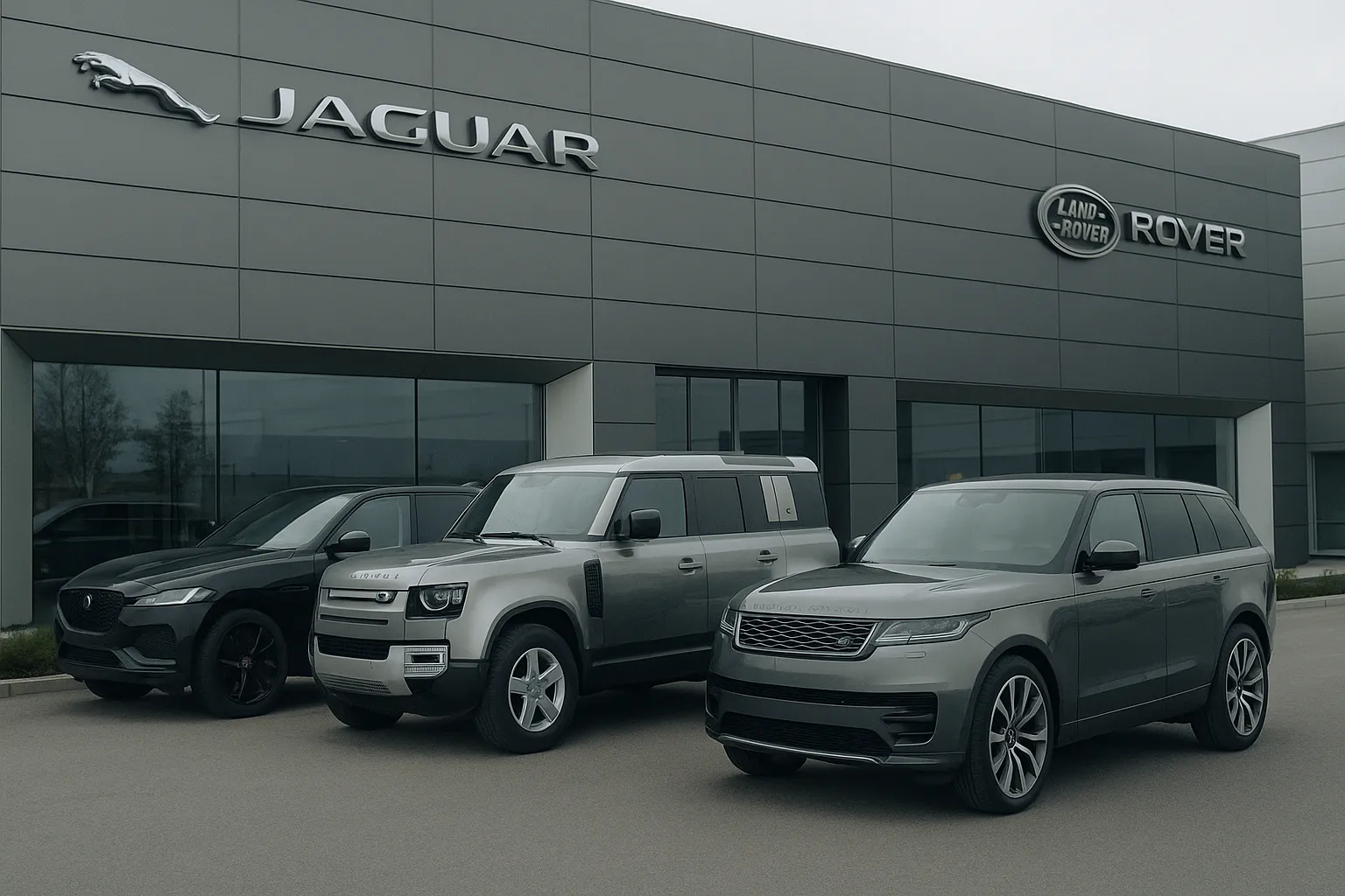 Range Rover and Defender in front of a Jaguar Land Rover site as a symbol of the British manufacturer’s cost-cutting drive