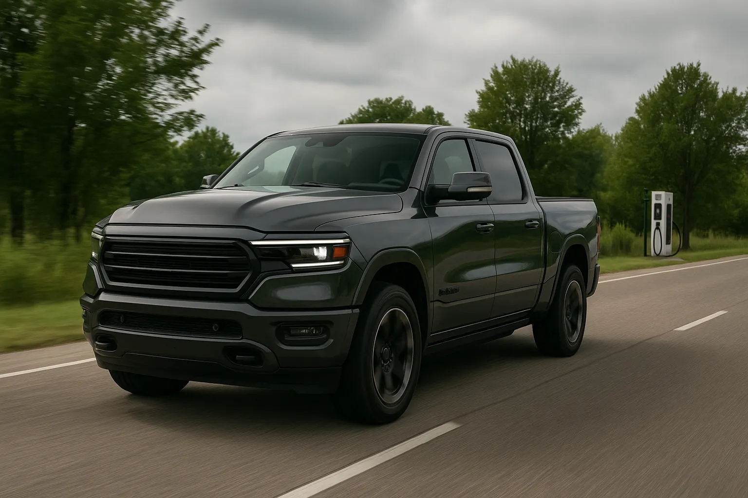 An electrified Ram pickup drives on a country road, with mountainous landscape and charging infrastructure in the background