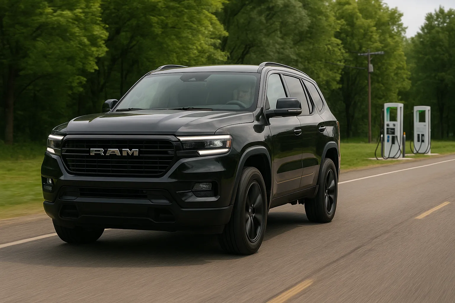 An electrified Ram pickup drives on a country road, with mountainous landscape and charging infrastructure in the background supporting image 2