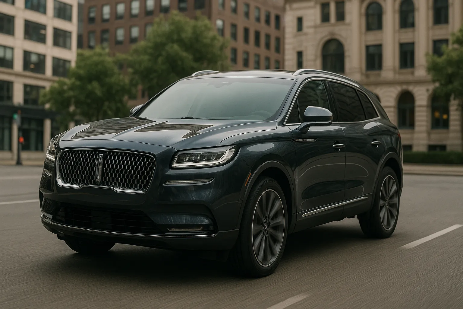 Lincoln Nautilus als luxuriöses midsize SUV auf einer Straße vor moderner Architektur