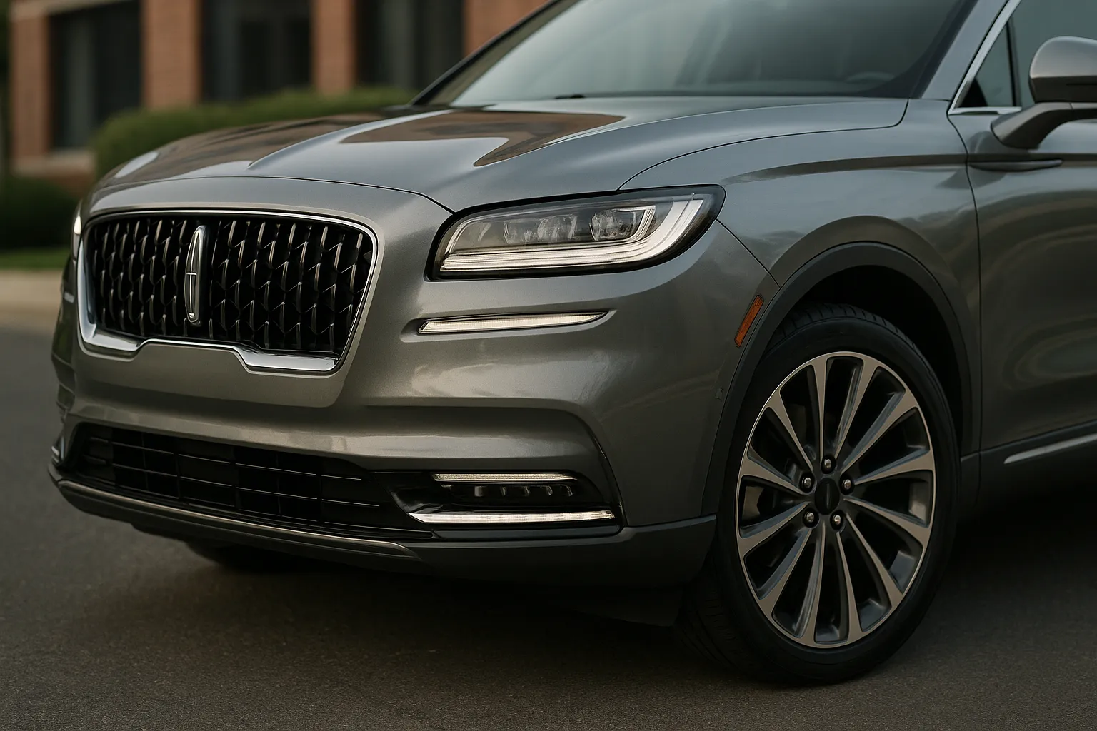 Lincoln Nautilus as a luxurious midsize SUV on a road in front of modern architecture supporting image 1