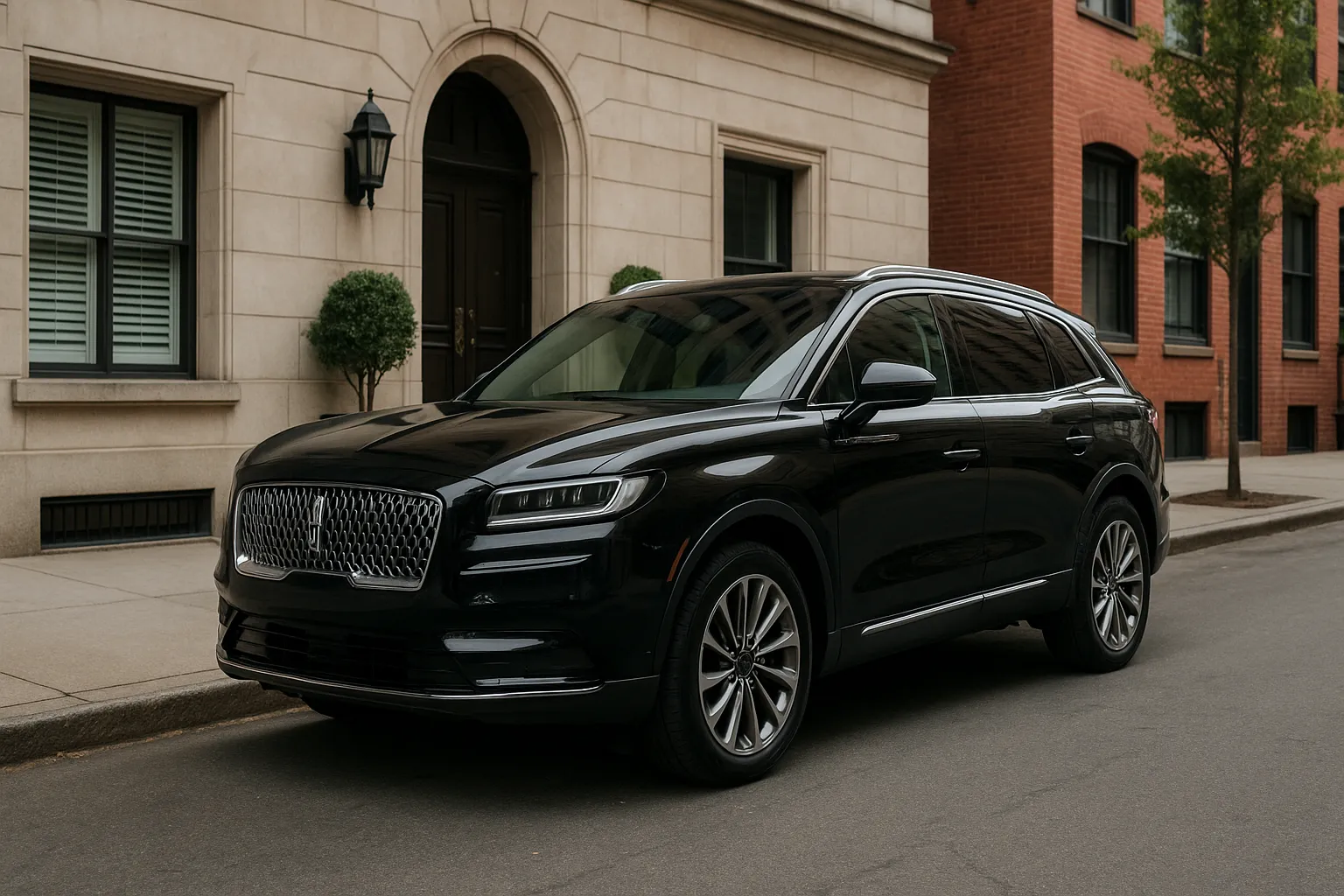 Lincoln Nautilus as a luxurious midsize SUV on a road in front of modern architecture supporting image 2
