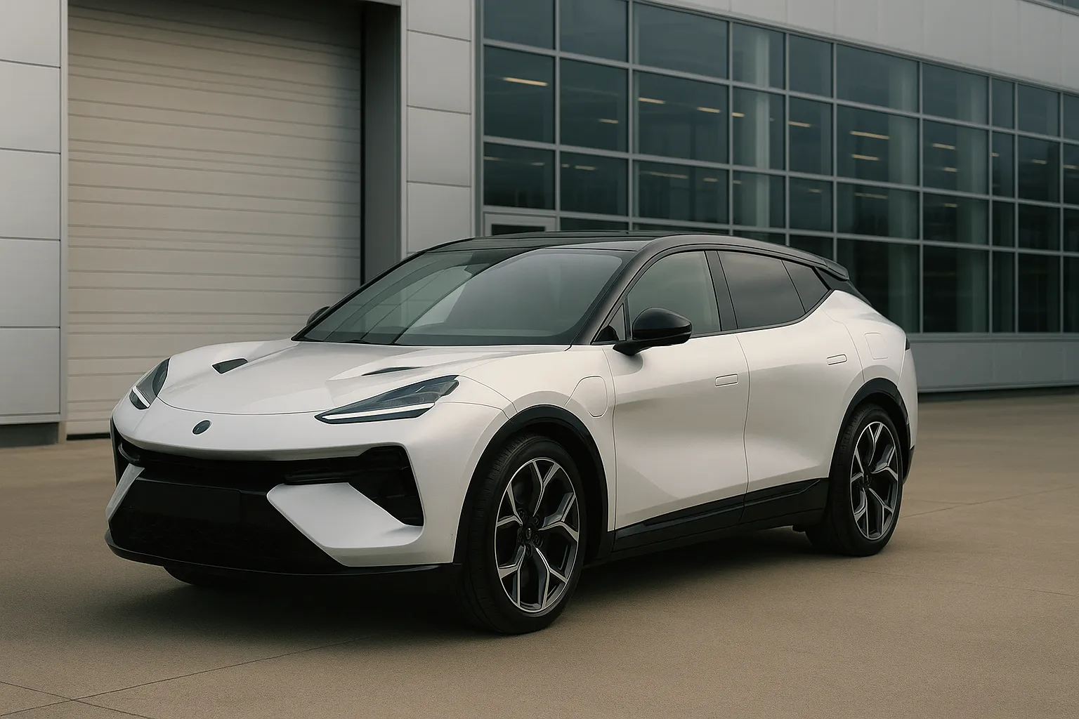 Lotus Eletre electric SUV parked outside a modern automotive production facility