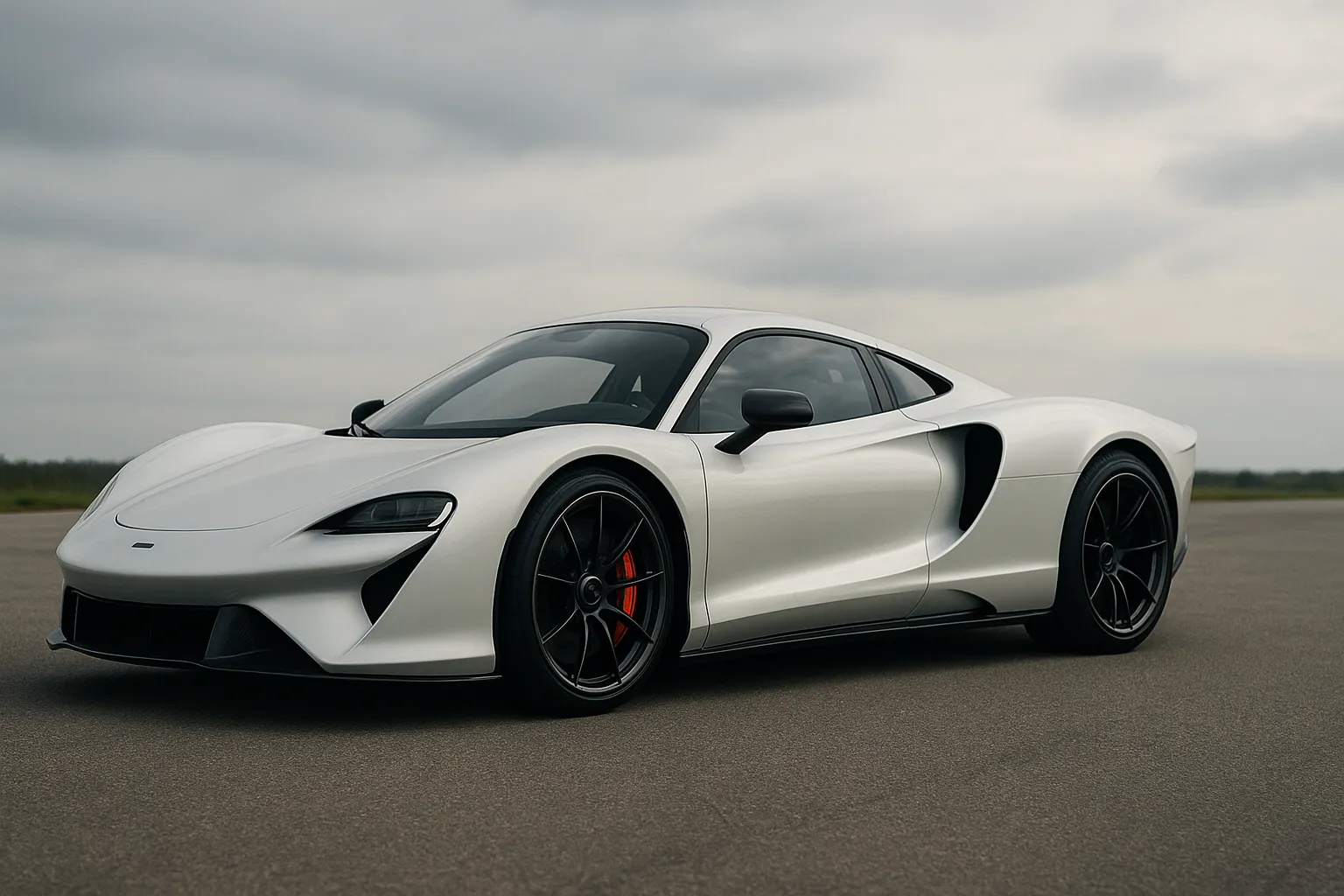 Flache Silhouette eines McLaren-Supersportwagens, inspiriert vom klassischen M6GT, in einer studioähnlichen Umgebung gezeigt