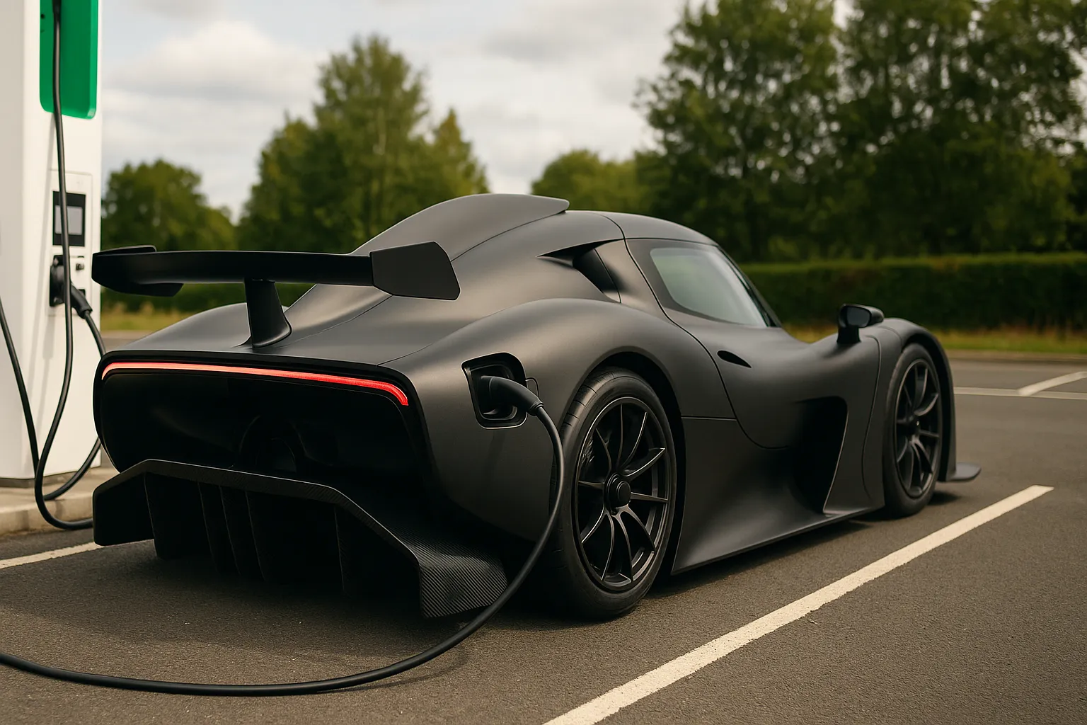McMurtry Spéirling Pure electric track hypercar in dark bodywork cornering on a race circuit supporting image 2