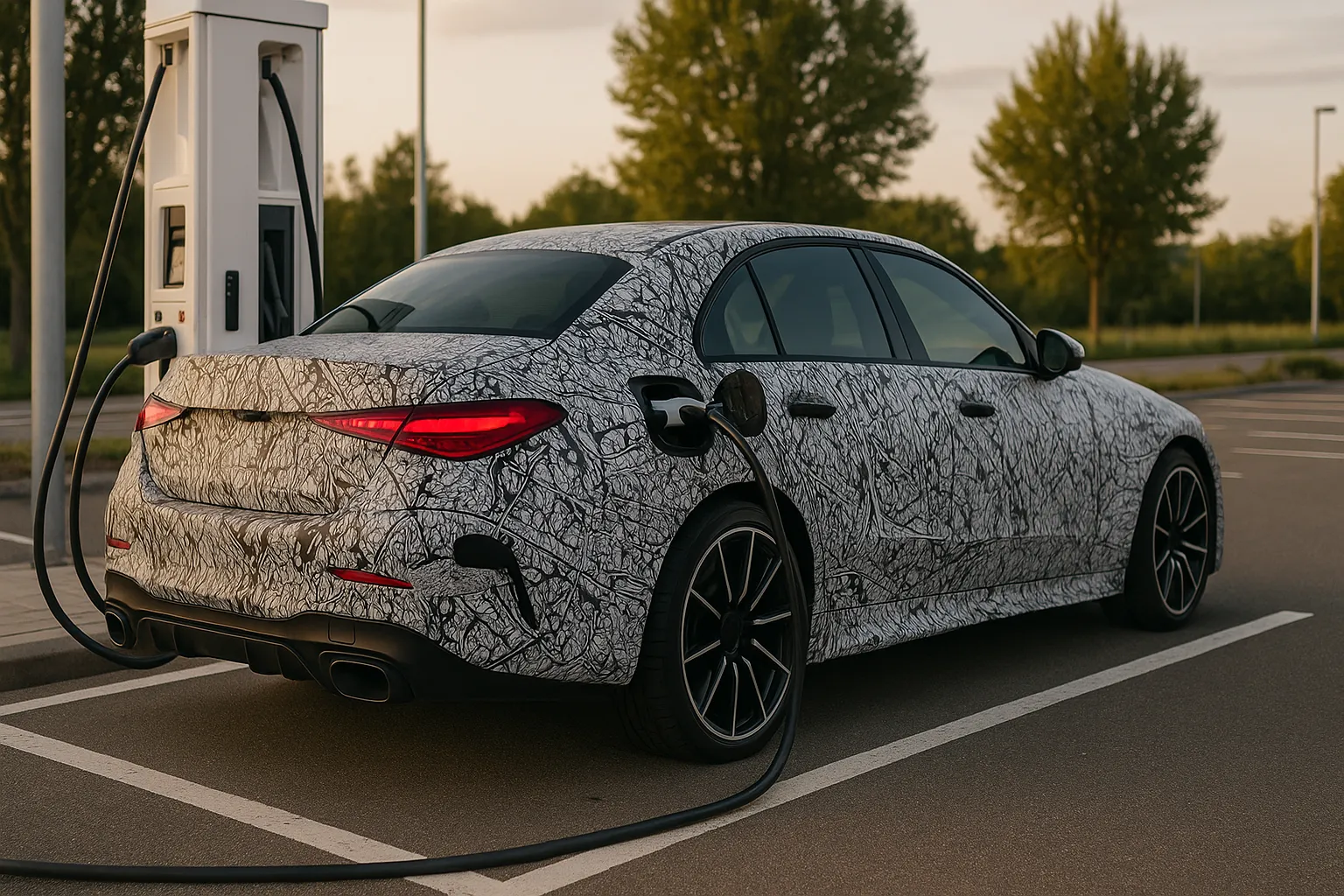 Getarnter Mercedes-AMG C 63 Electric-Prototyp bei Tests auf einer öffentlichen Straße mit breiten Radläufen und großen Rädern, unterstützendes Bild 2