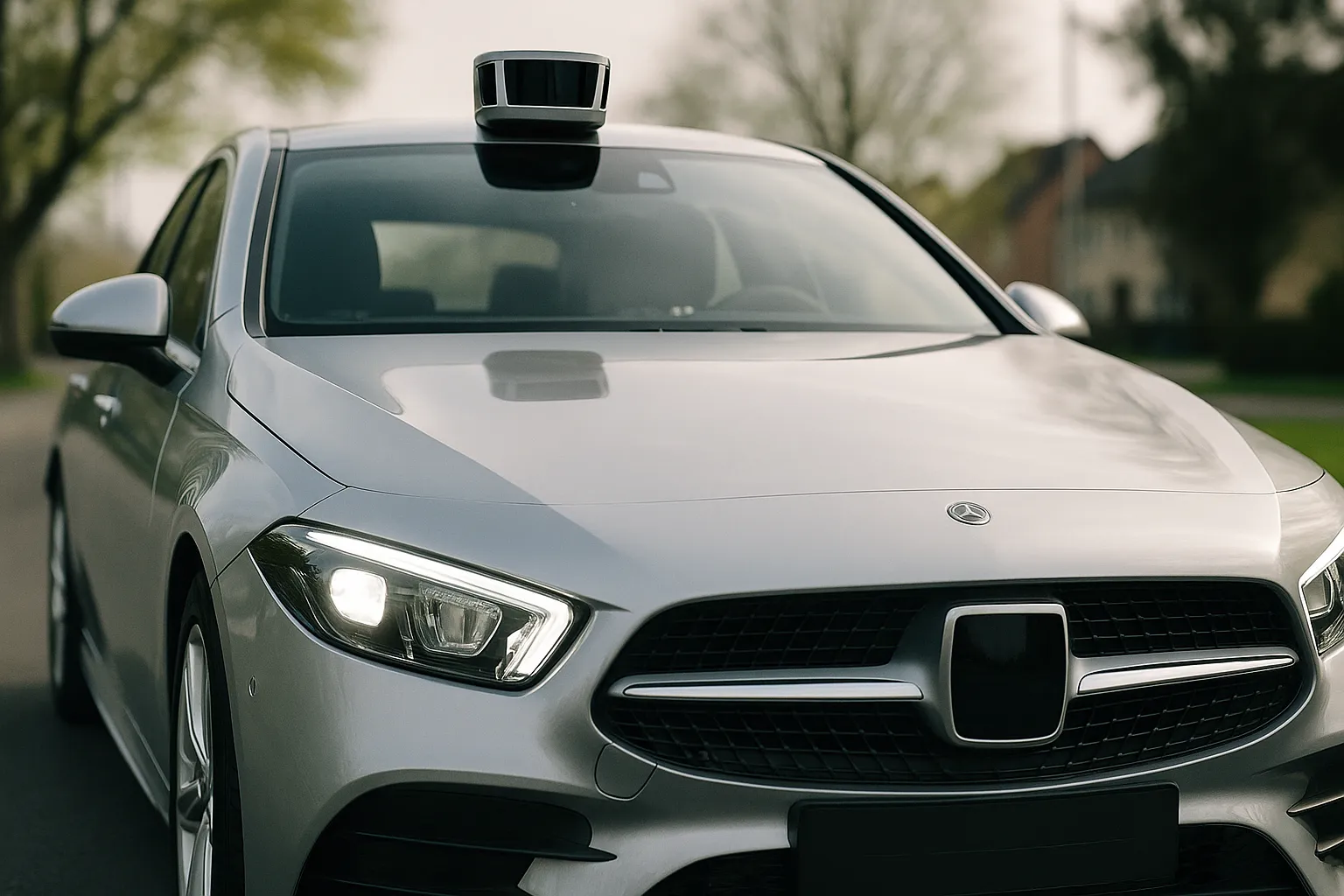 Mercedes-Benz sedan on a multi-lane road with visible sensor surfaces and a modern light signature supporting image 1