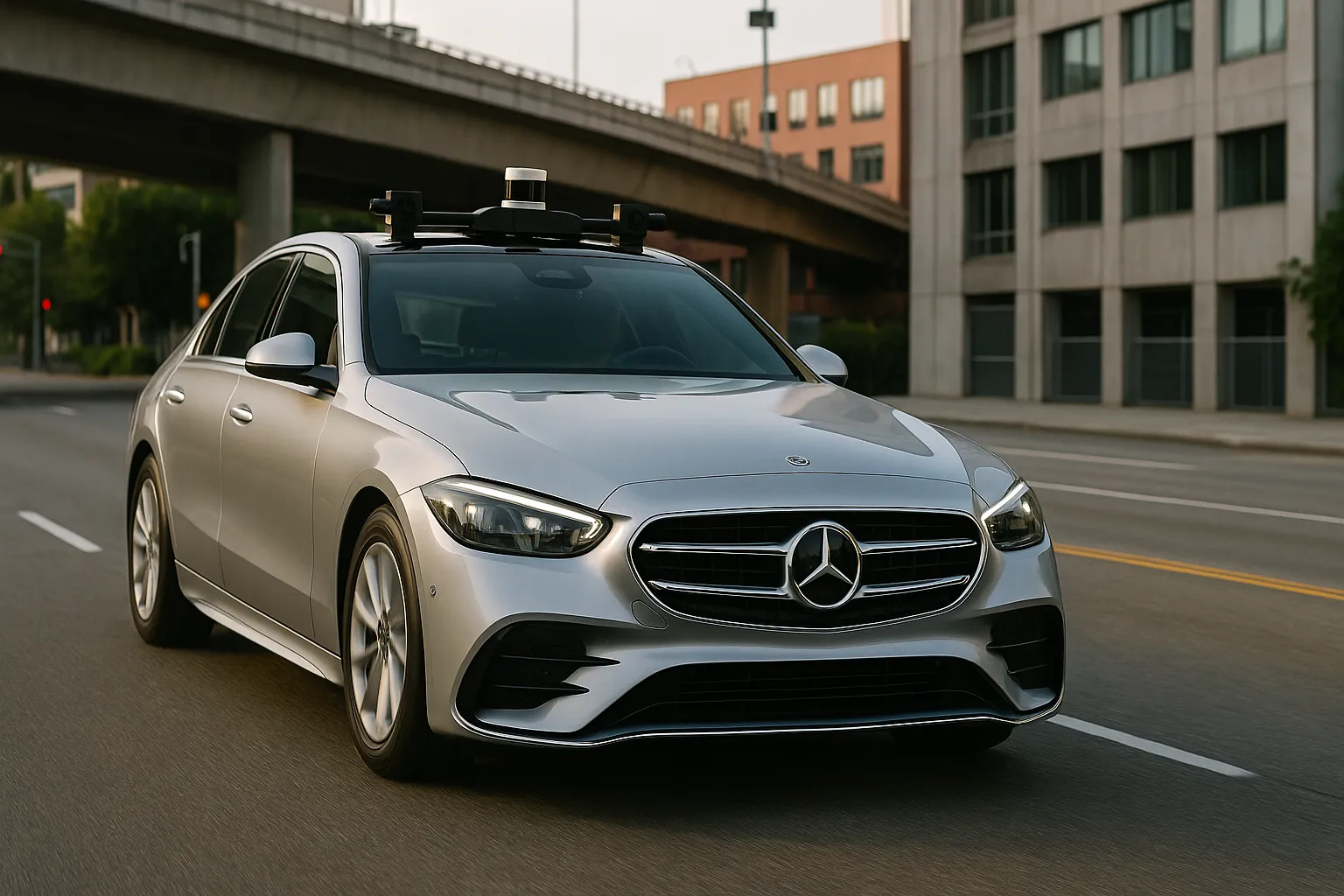 Mercedes-Benz sedan on a multi-lane road with visible sensor surfaces and a modern light signature supporting image 2